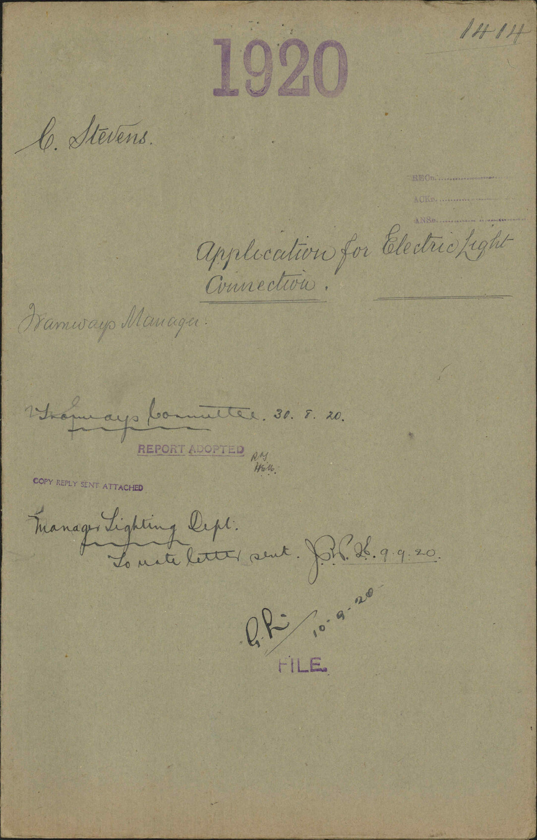 Application for electric light connection - C Stevens