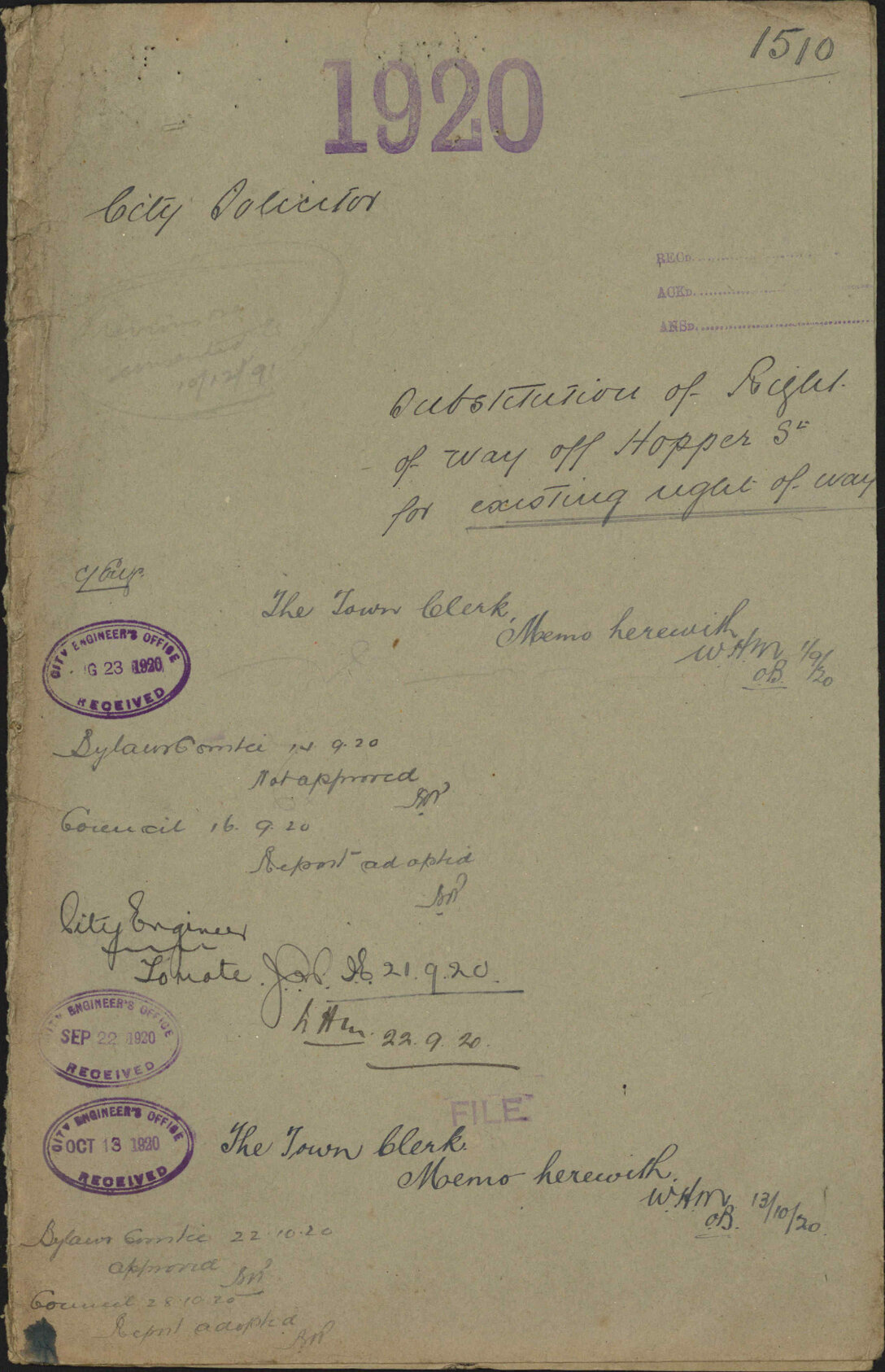 Substitution of right-of-way off Hopper Street for existing right-of-way - City Solicitor