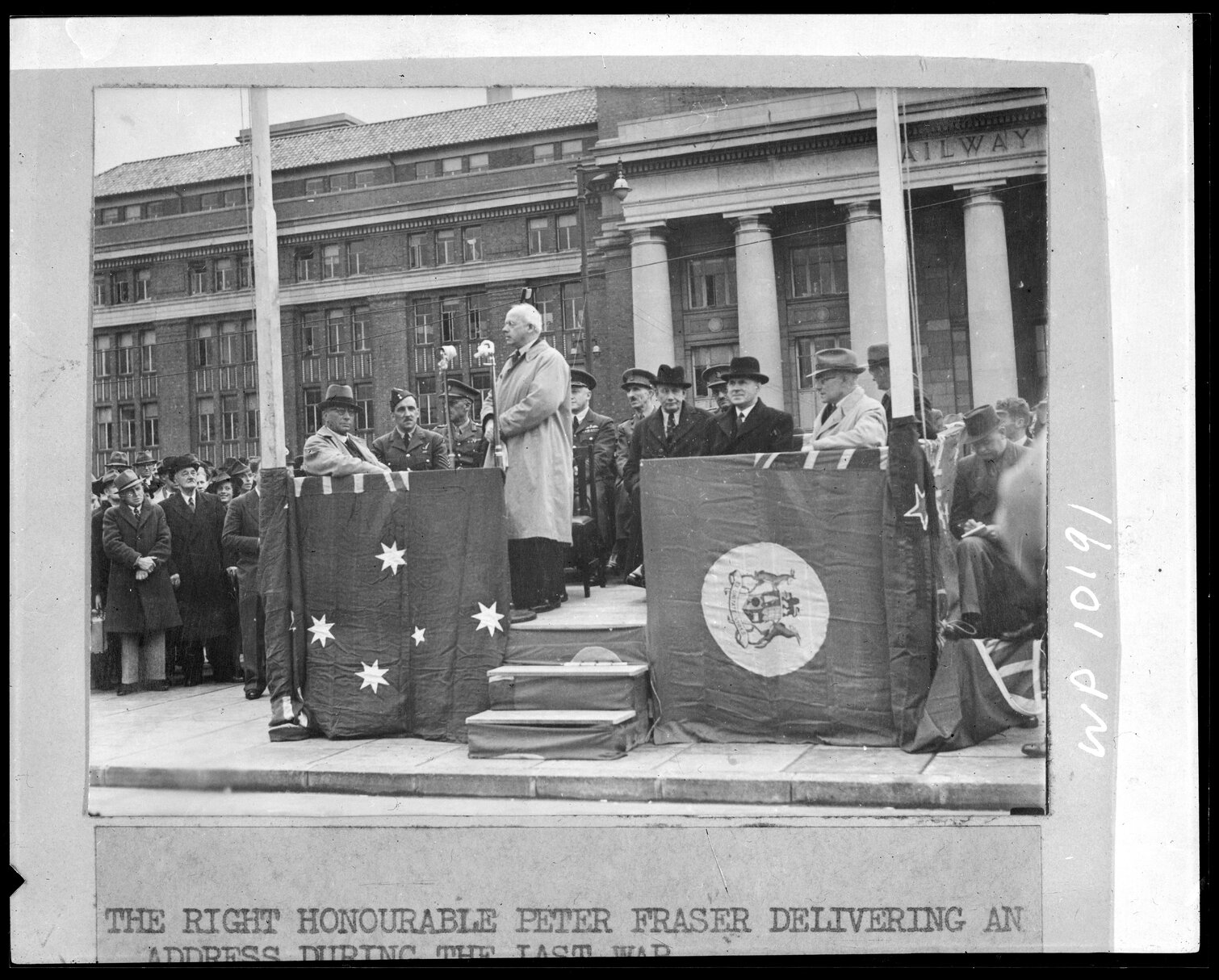The Right Hon. Peter Fraser delivering an address during World War II