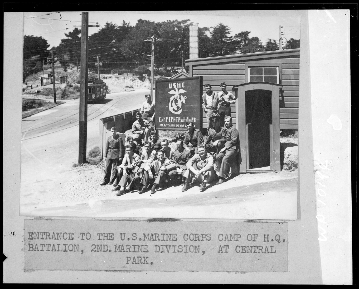 Entrance to the U S Marine Corps camp of H Q Battalion, 2nd Marine Division, at Central Park