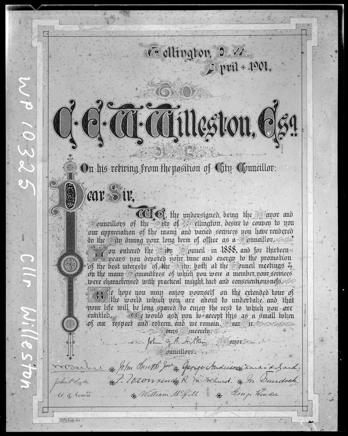 Copy photograph of illuminated address given to Councillor Willeston on his retirement