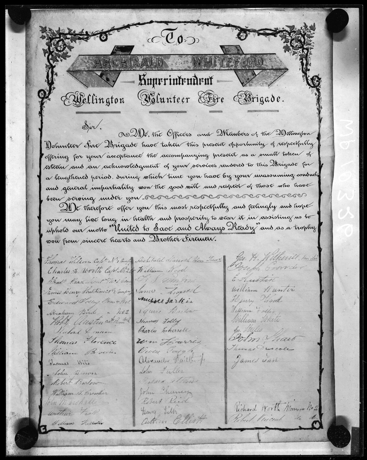 Copy photograph of illuminated presented to Archibald Whiteford, Superintendent of the Wellington Volunteer Fire Brigade