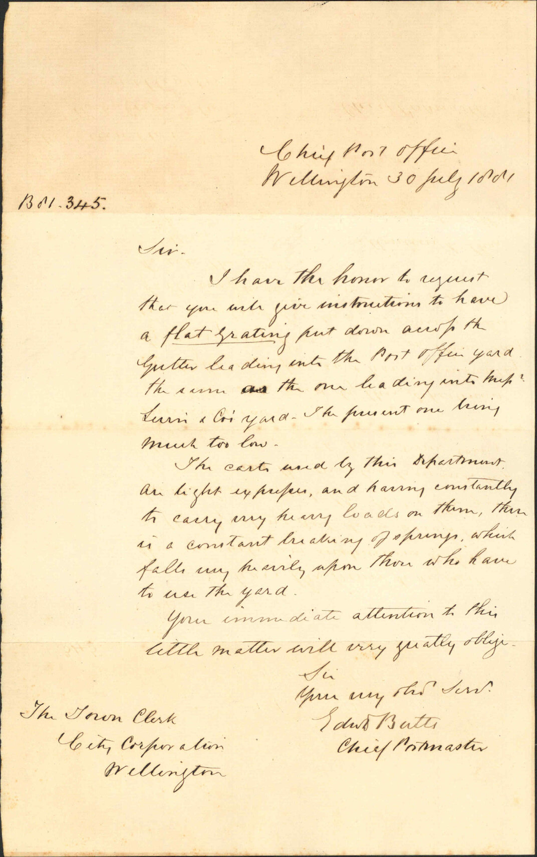 Edward Butts, application for grating across water channel