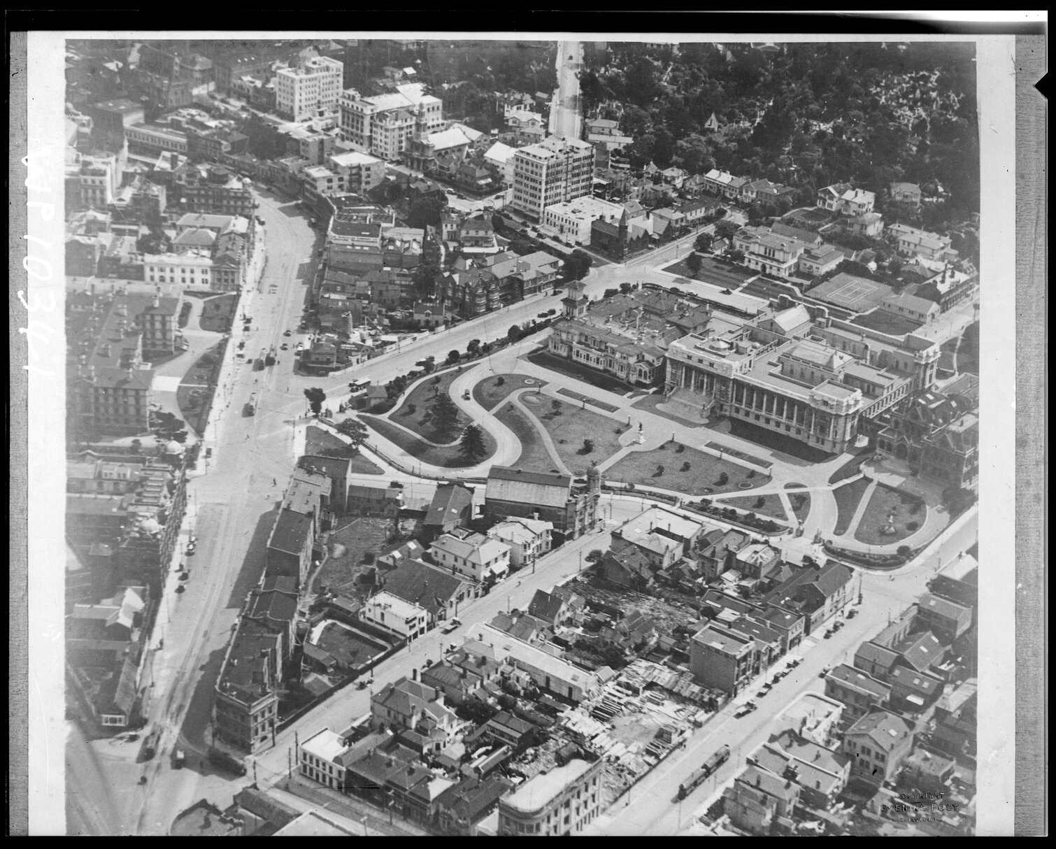 Aerial view of Parliament grounds and buildings