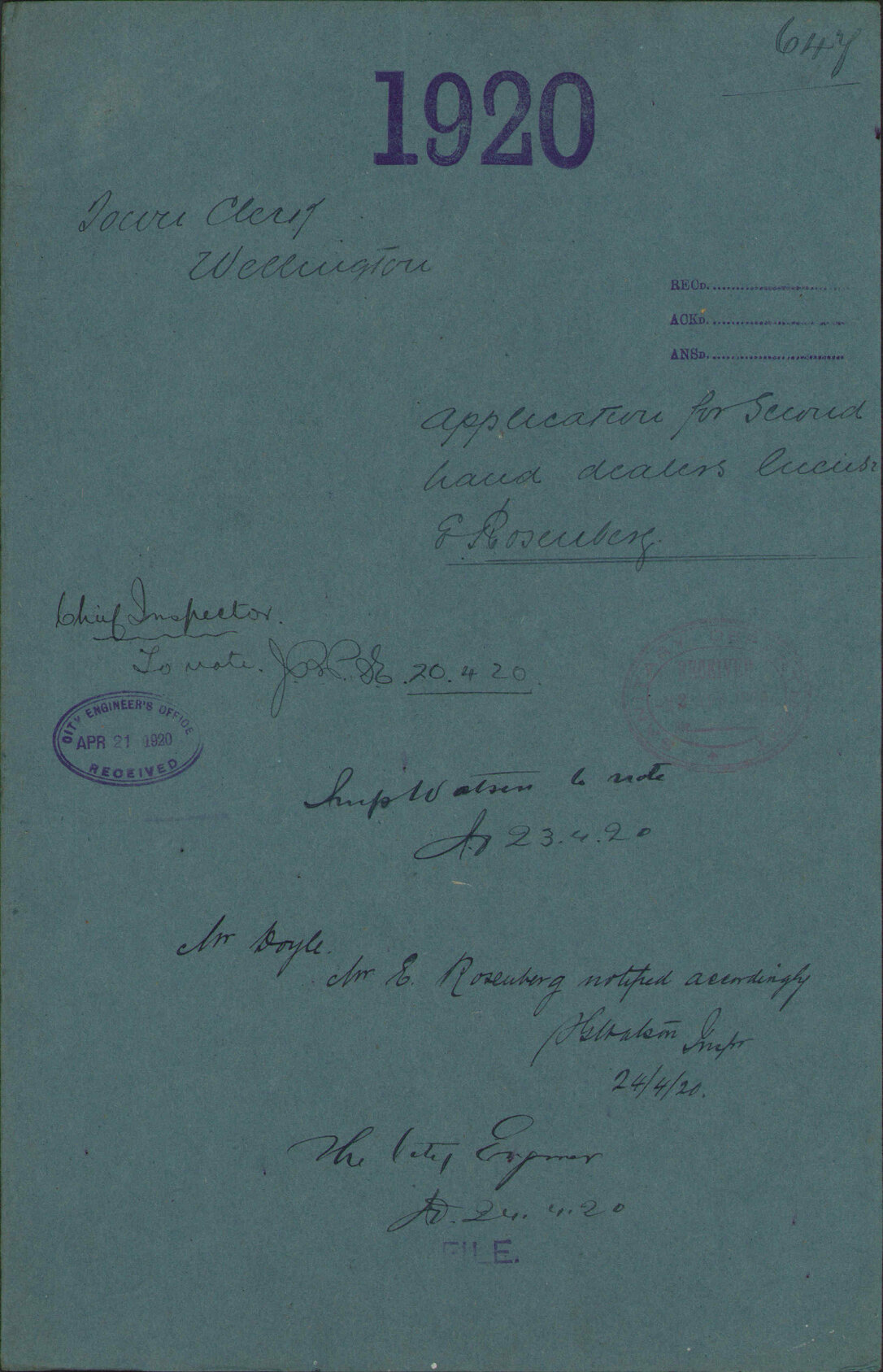 Application for Second-hand Dealers license, E Rosenberg - Town Clerk, Wellington