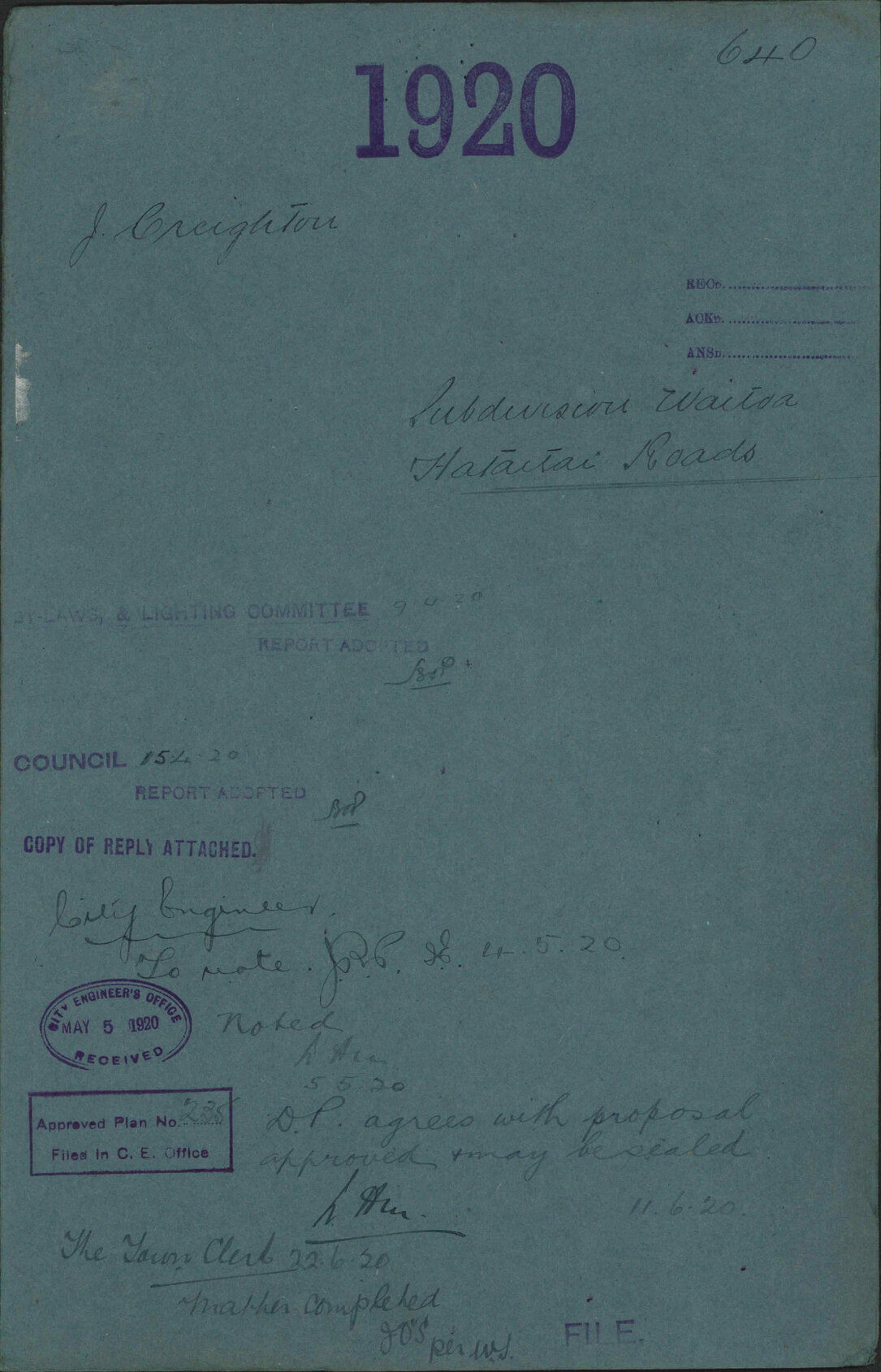 Subdivision, Waitoa and Hataitai Roads - J Creighton