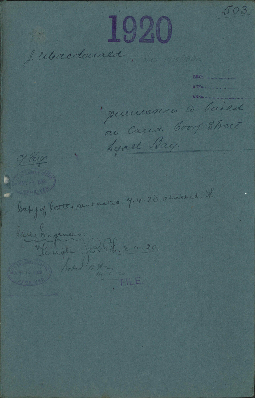 Permission to build on land, Cook Street [Endeavour Street], Lyall Bay - J MacDonald