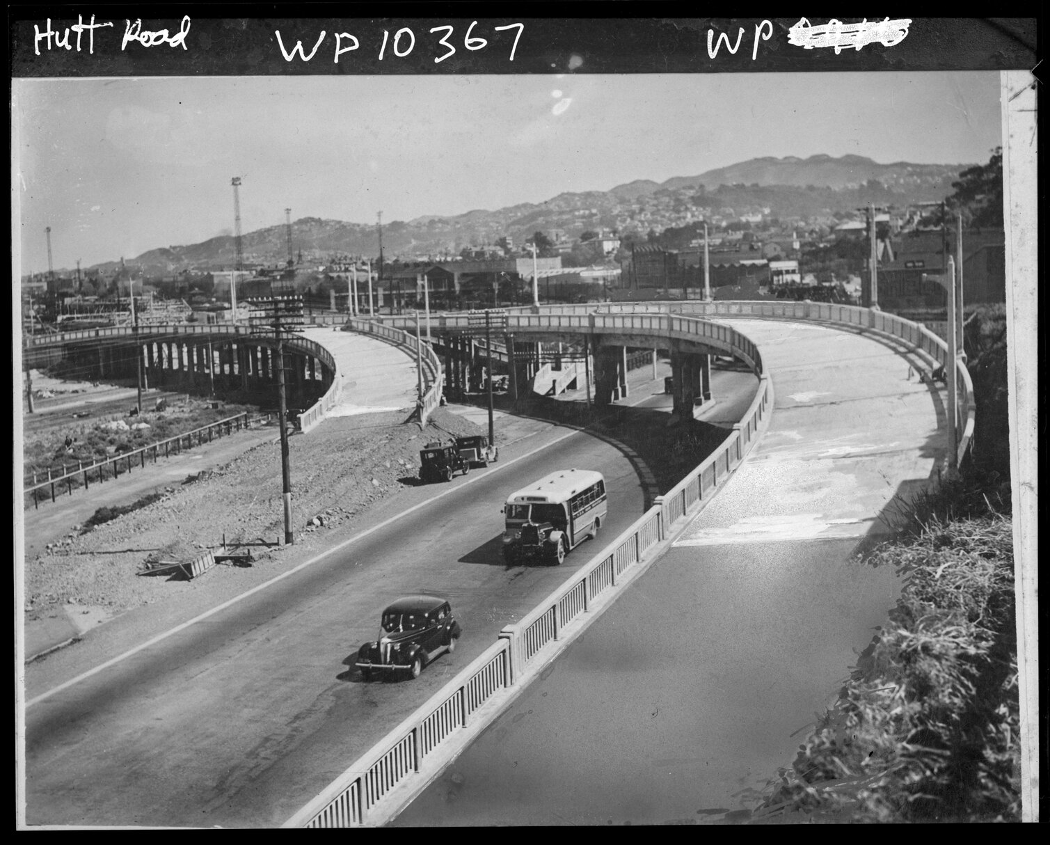 Elevated view of construction of overbridge, Hutt Road
