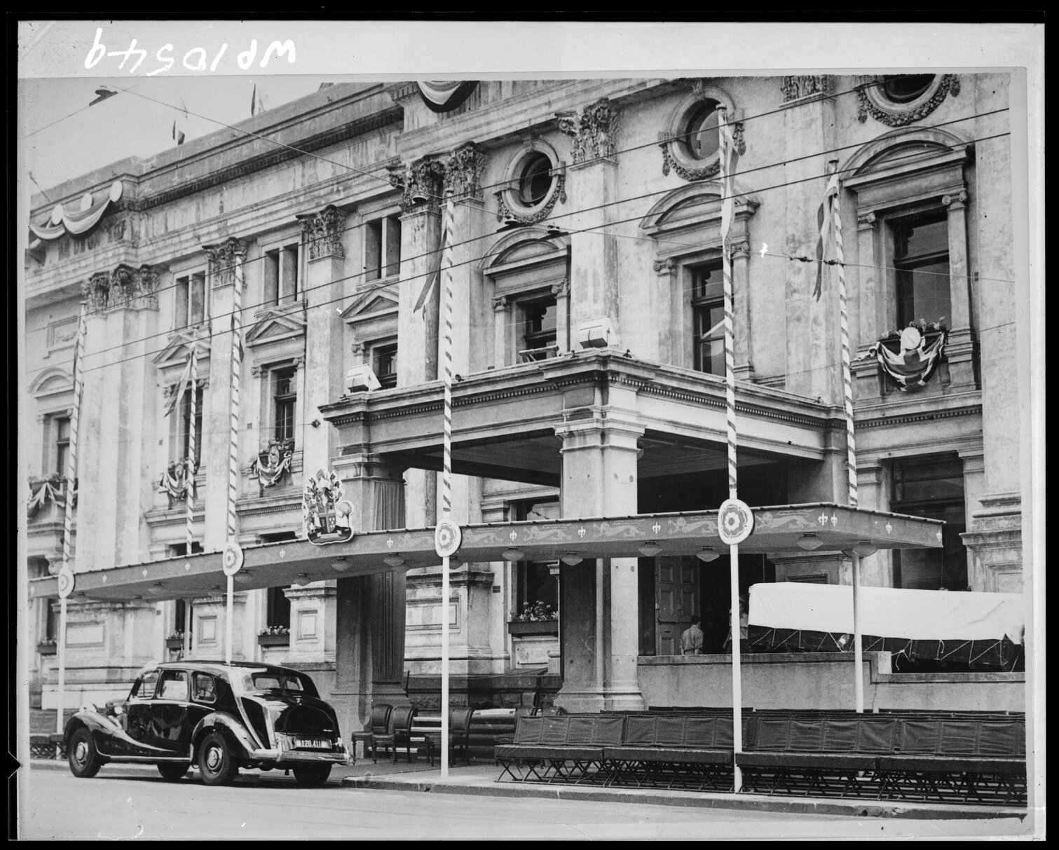 Exterior of the Town Hall, being prepared and decorated for the Royal Visit.