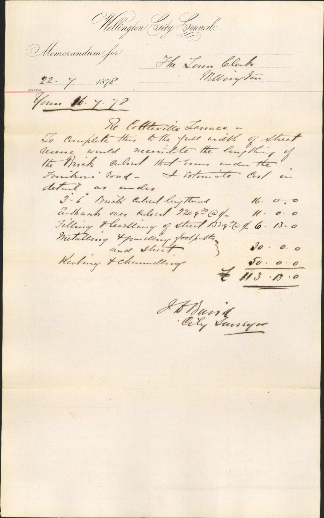 Re memo to Town Clerk re Cottleville Terrace - City Surveyor