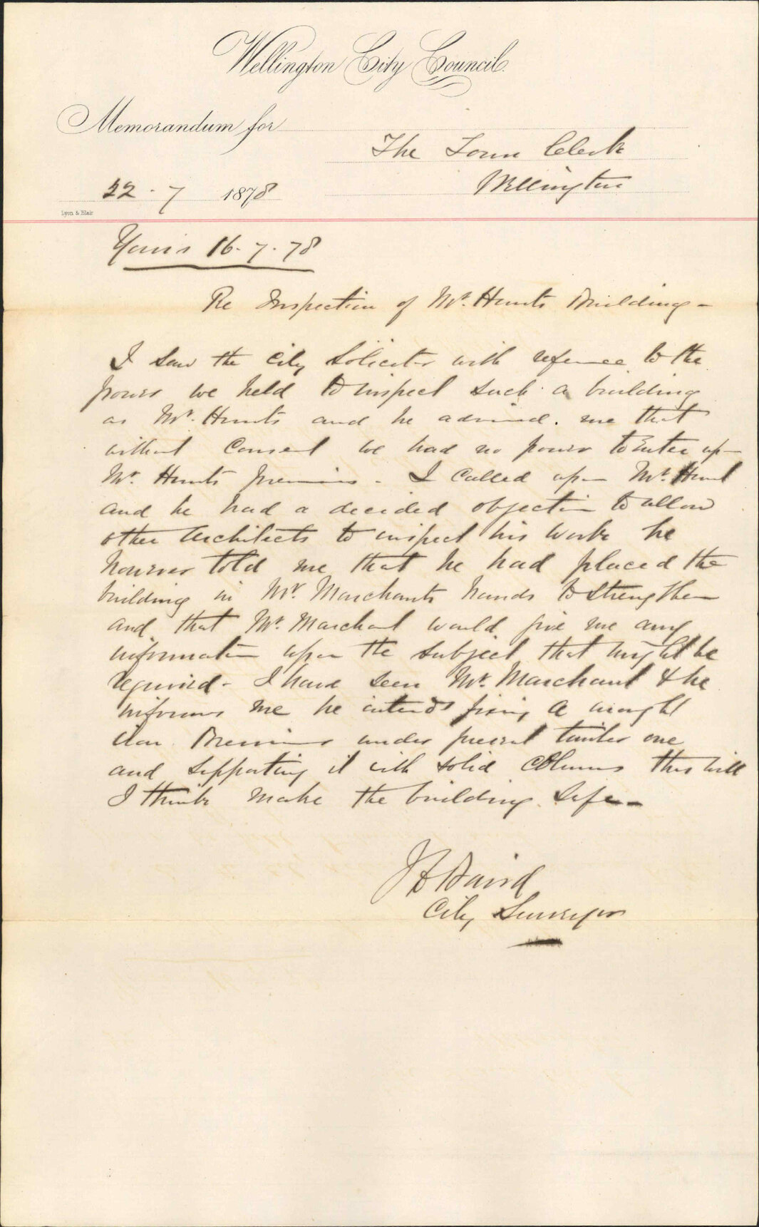 Re memo to Town Clerk re inspection of Mr Hunt's buildings - City Surveyor