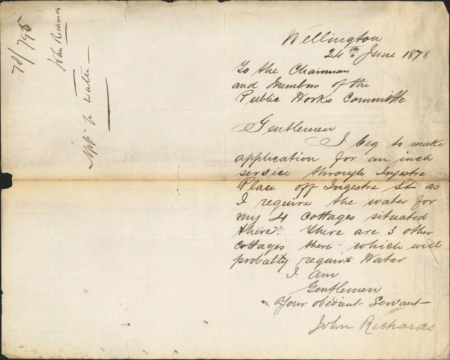 Re application for water service for four cottages, Ingestre Place - John Richards