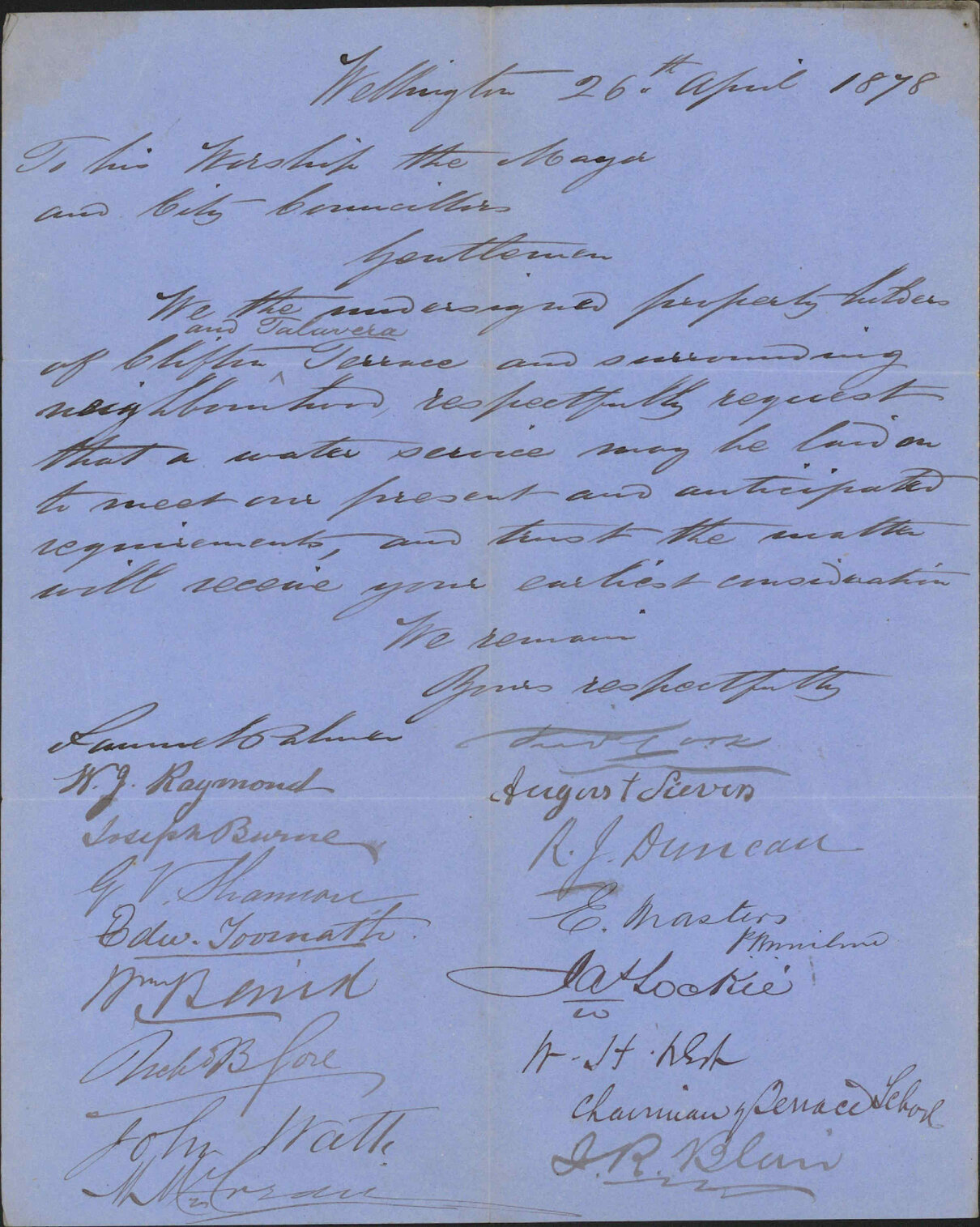 Re petition re water service - Clifton Terrace property holders