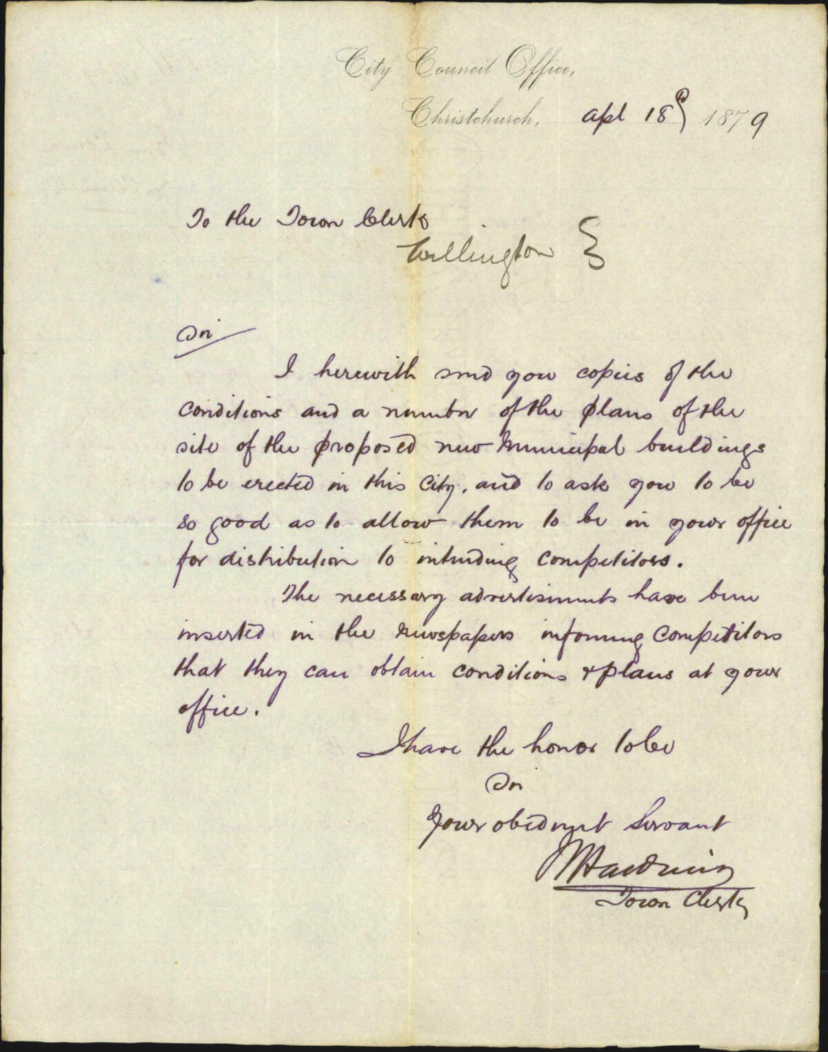 Re informing Town Clerk that plans for a proposed new municipal offices will be forwarded to the Wellington Council for inspection - Town Clerk, Christchurch City Council [CCC]