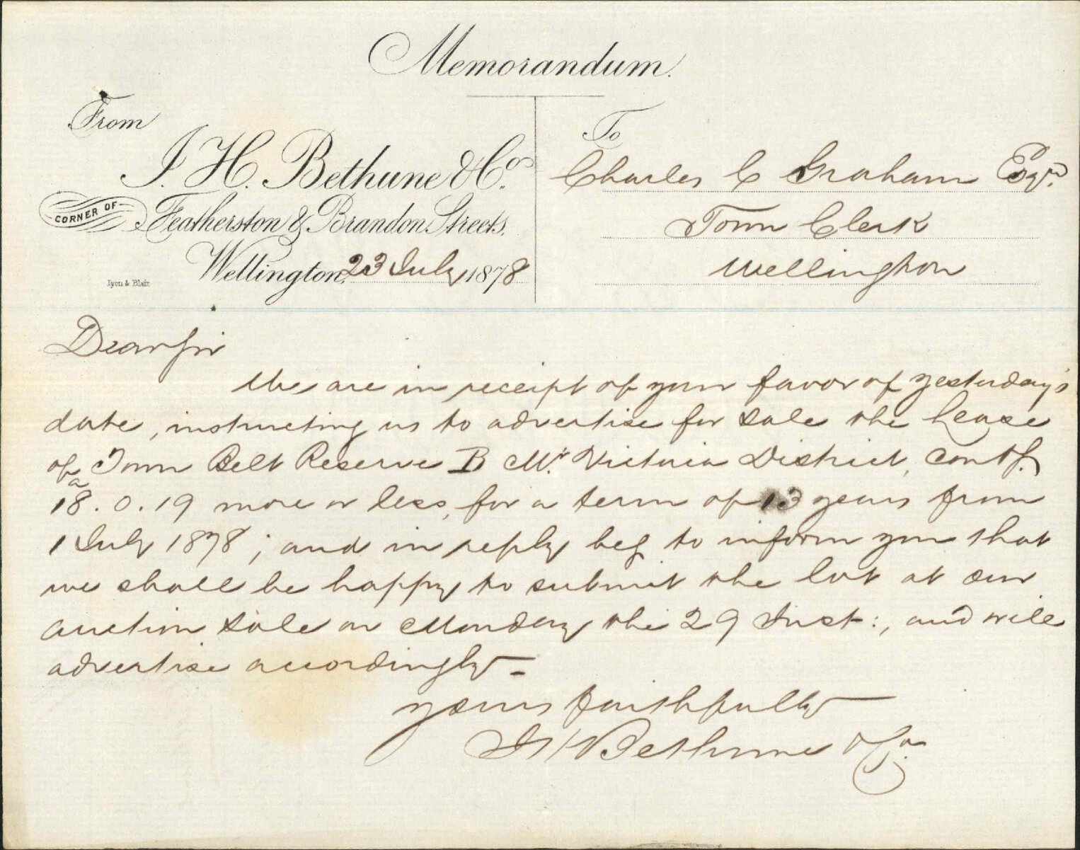 Re sale of Town Belt section - J H Bethune and Co
