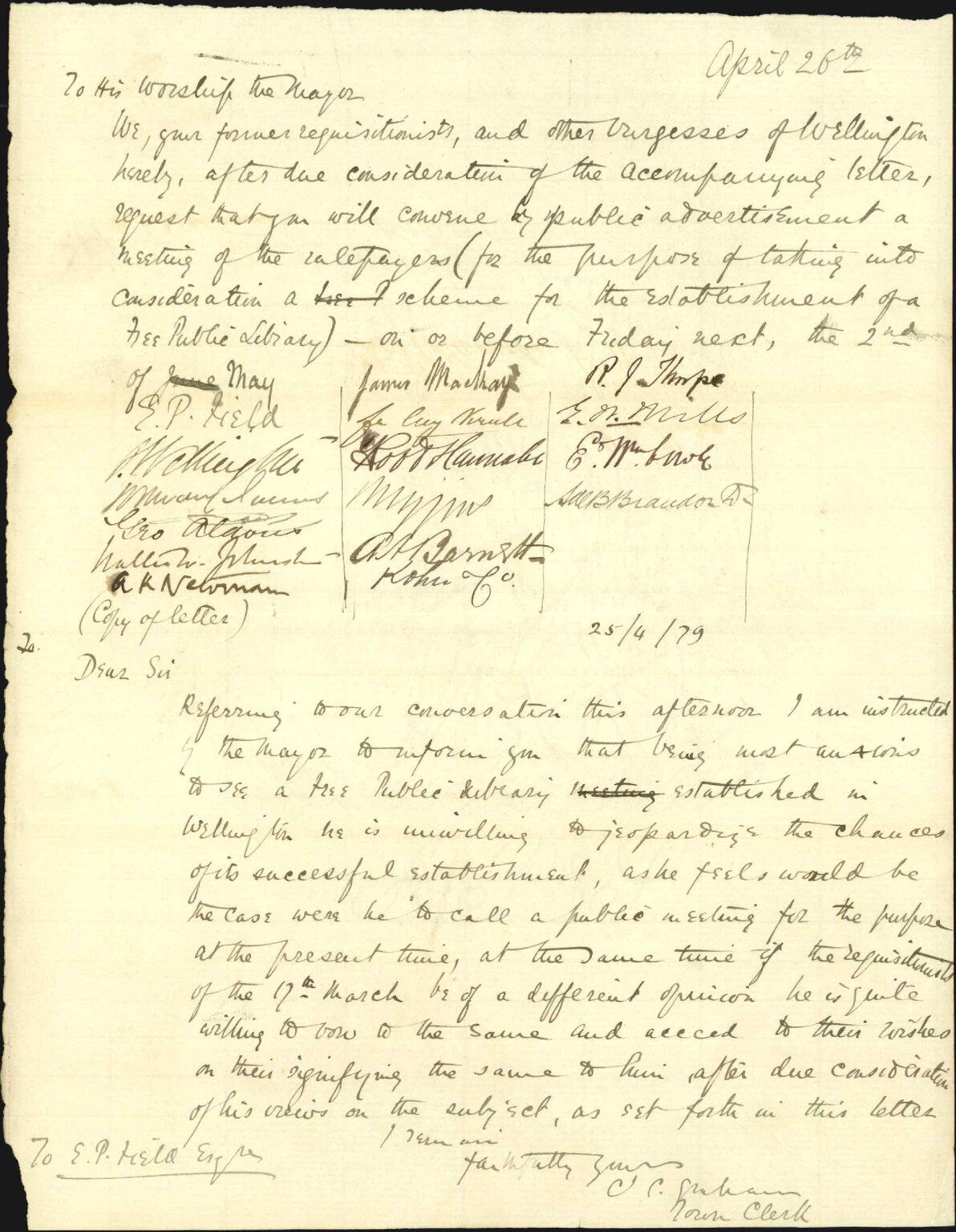 Re petition asking for the Council to call a meeting for the purpose of establishing a free public library