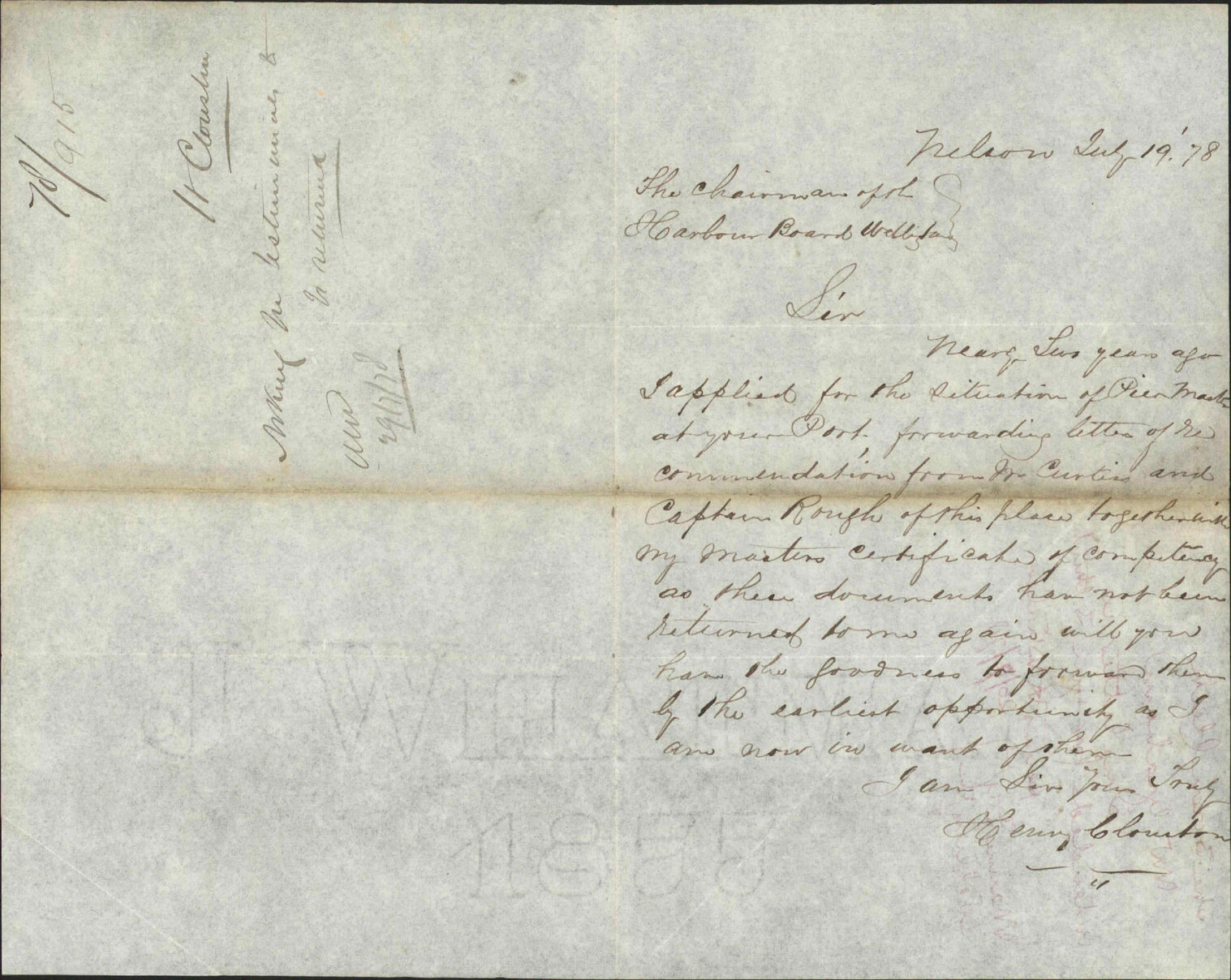 Re asking for testimonials to be returned (re application for Pier Master) - Henry Clouston, Nelson