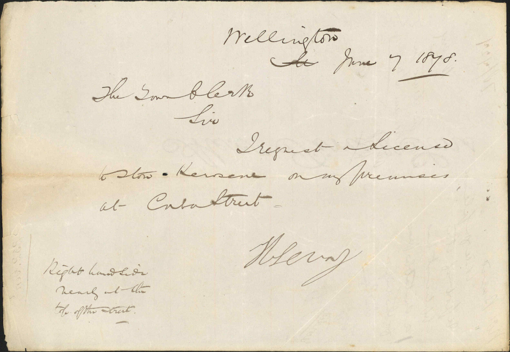 Request for kerosene license for premises at Cuba Street - H Levy