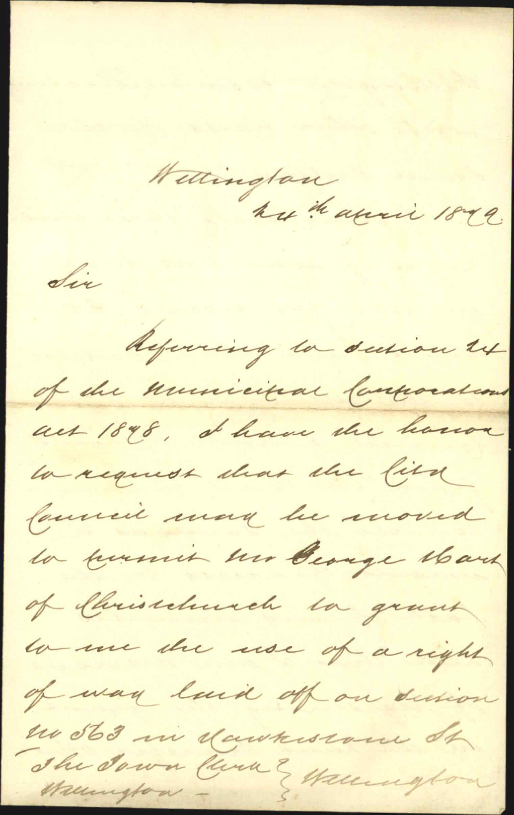 Re application for right of way off Hawkestone Street [Town Acre 561 and 563]