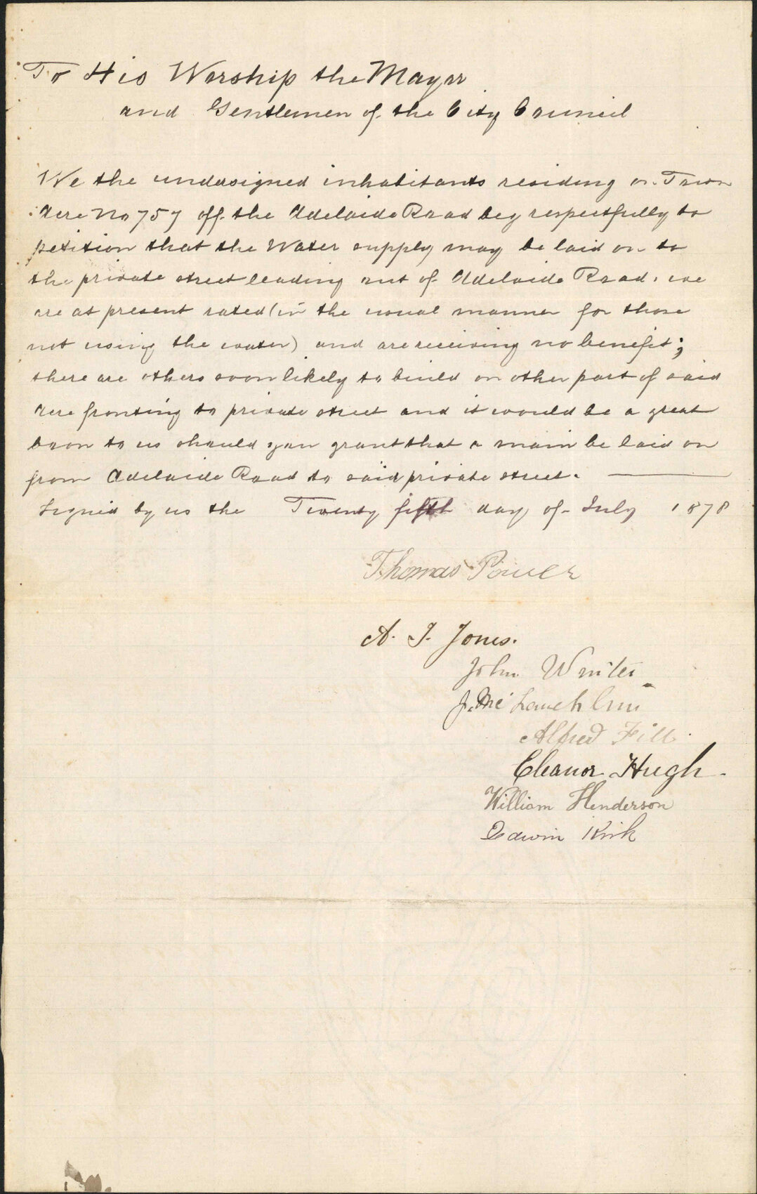Re application for water to private street off Adelaide Road - Thomas Powle and others