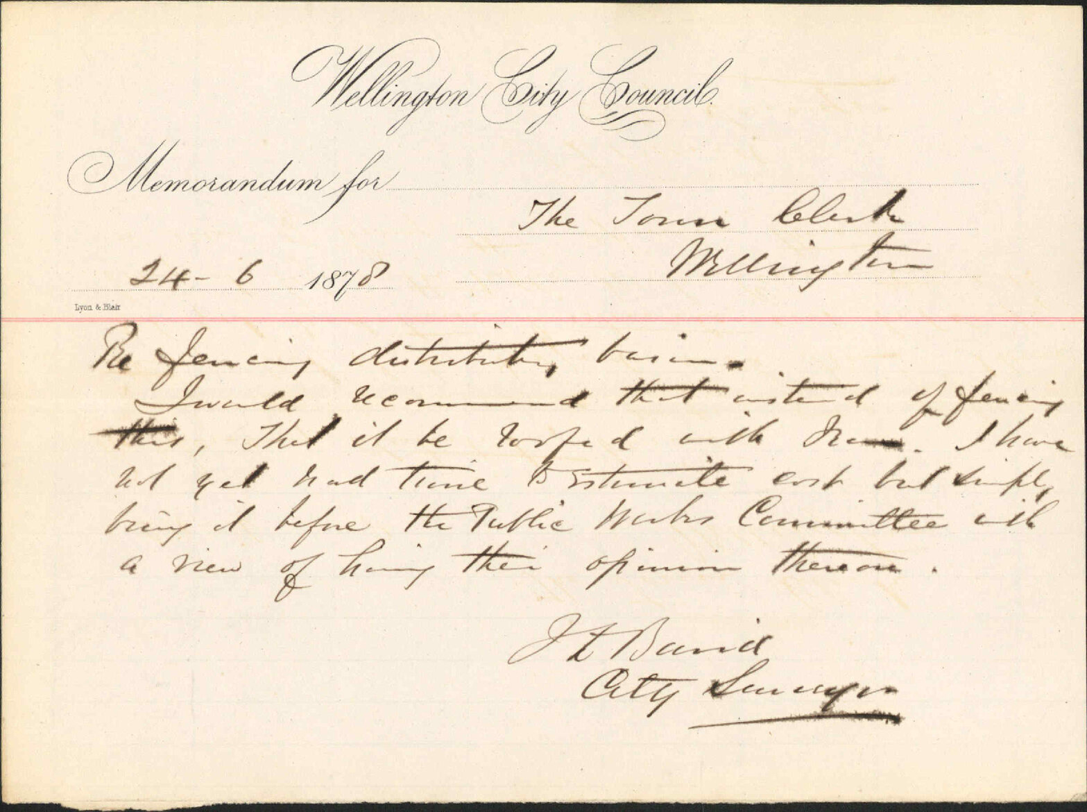 Memo to Town Clerk re fencing distributing basin - City Surveyor