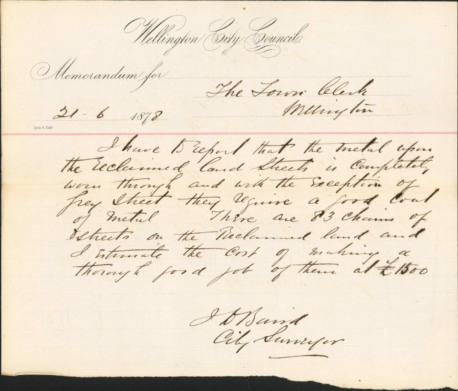 Re memo to Town Clerk re metalling reclaimed land streets - City Surveyor
