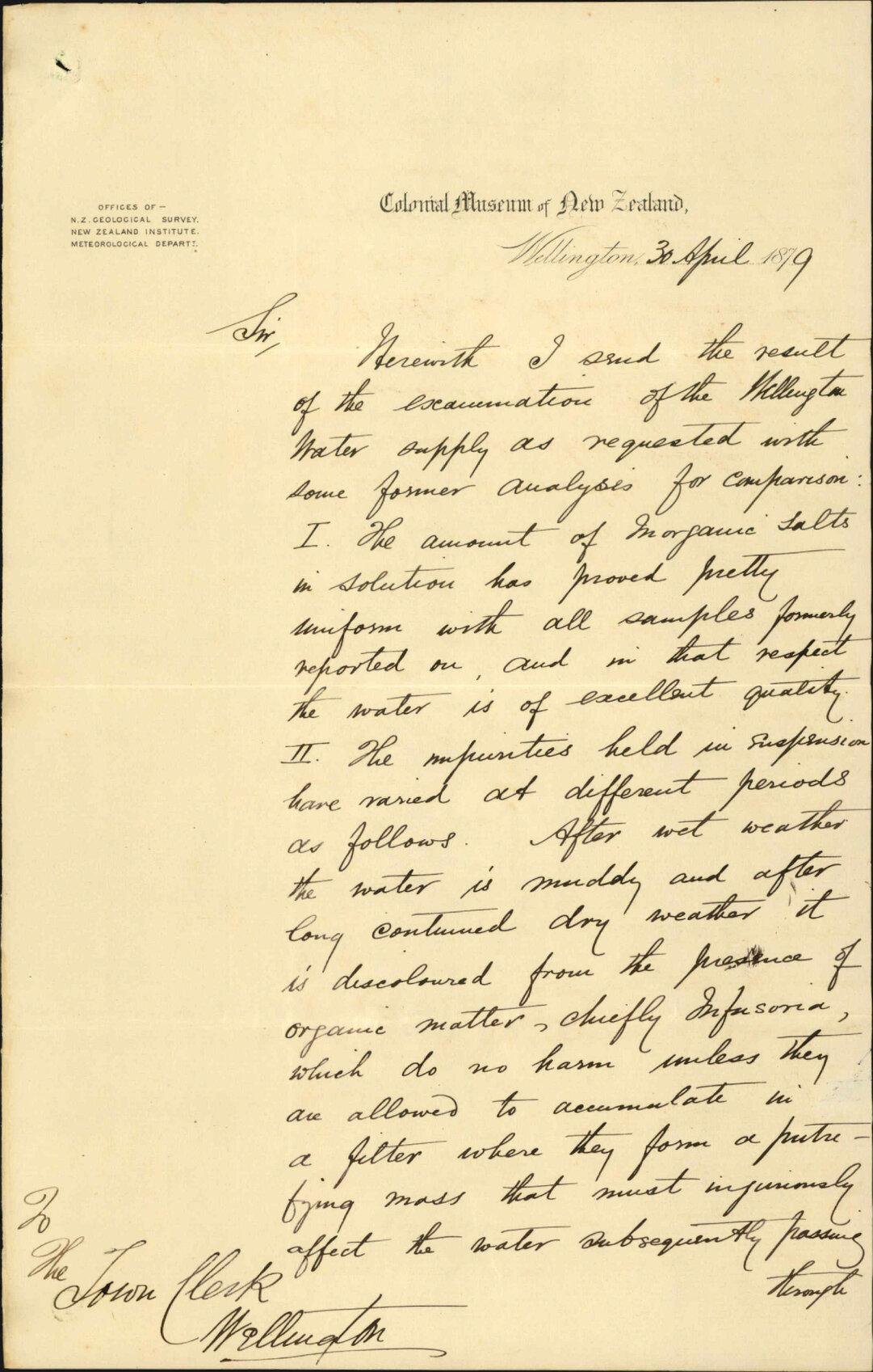 Report on the quality of Wellington tap water - Dr Hector, Colonial Museum of New Zealand