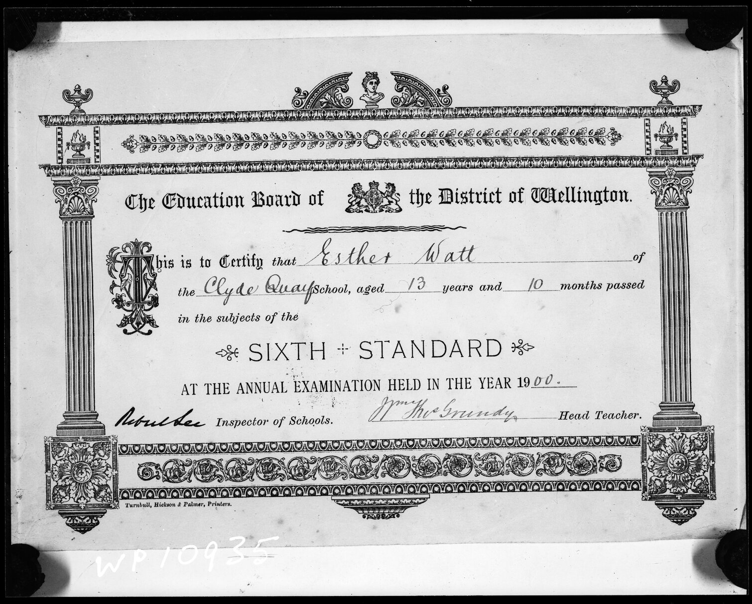 Copy photograph of certificates presented by Education Board of the District of Wellington