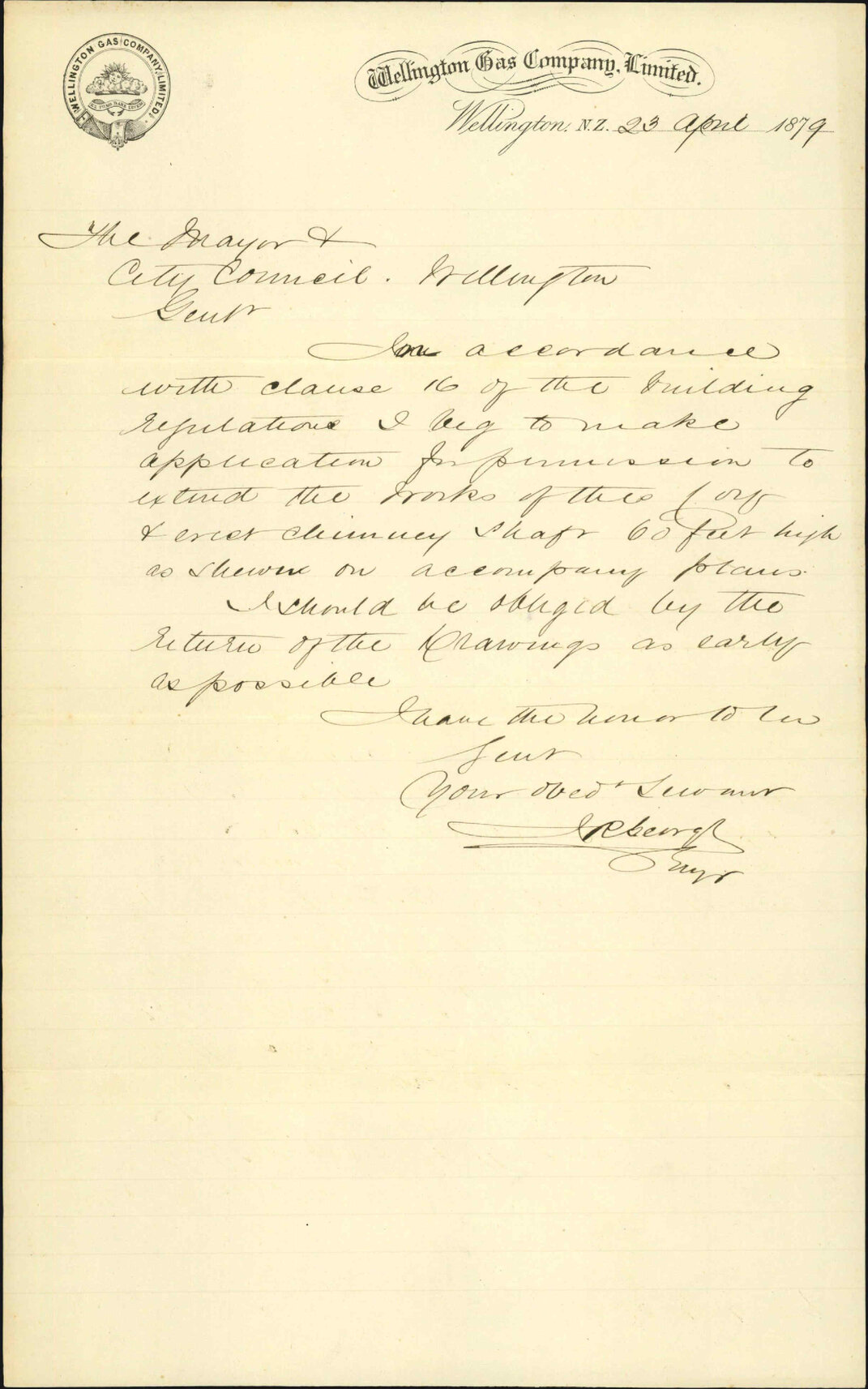 Re request for permission to build a 60 foot high chimney - Wellington Gas Company Ltd