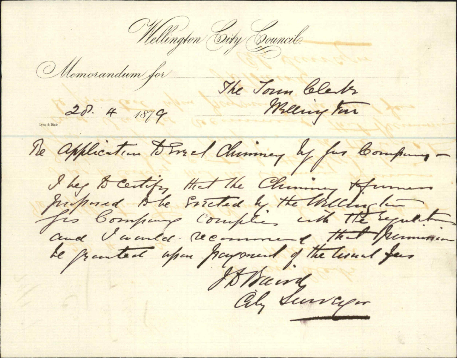Re memo re application of Wellington Gas Company to build a chimney - City Surveyor