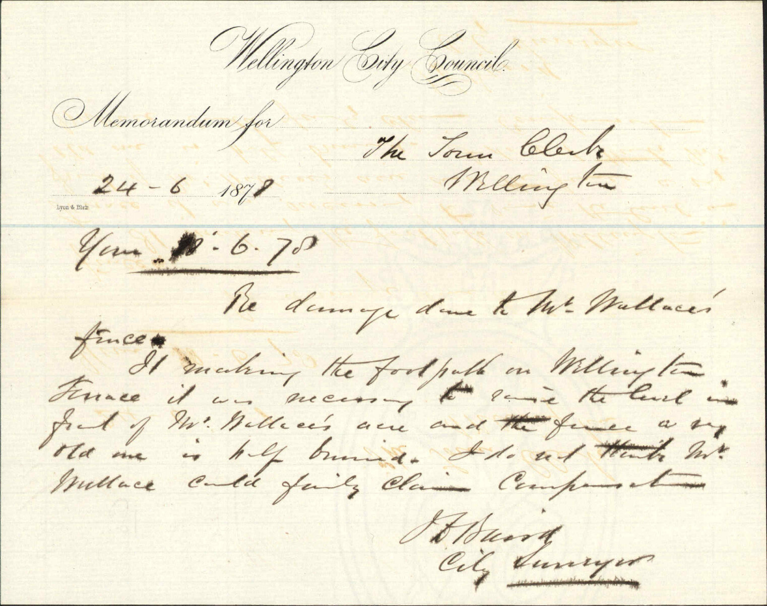 Re memo to Town Clerk re damage done to Mr Wallace's fence - City Surveyor