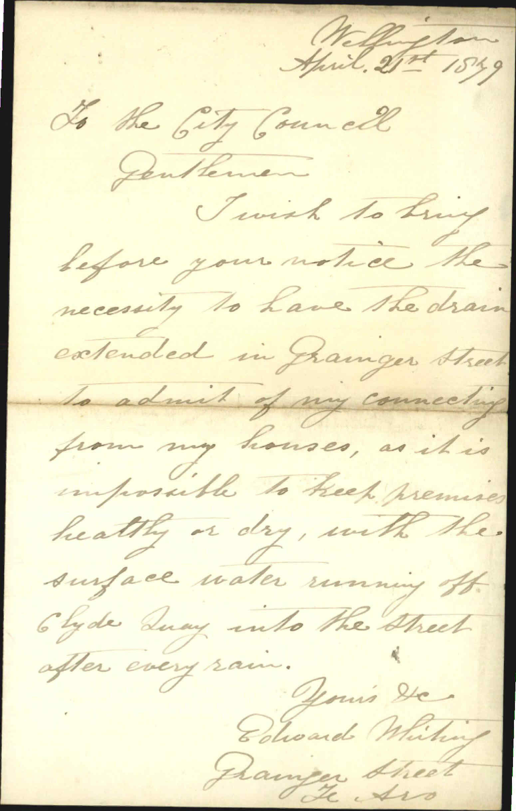 Re application for drain to be laid in [?] Street (off Clyde Quay?) - Mr Whitney