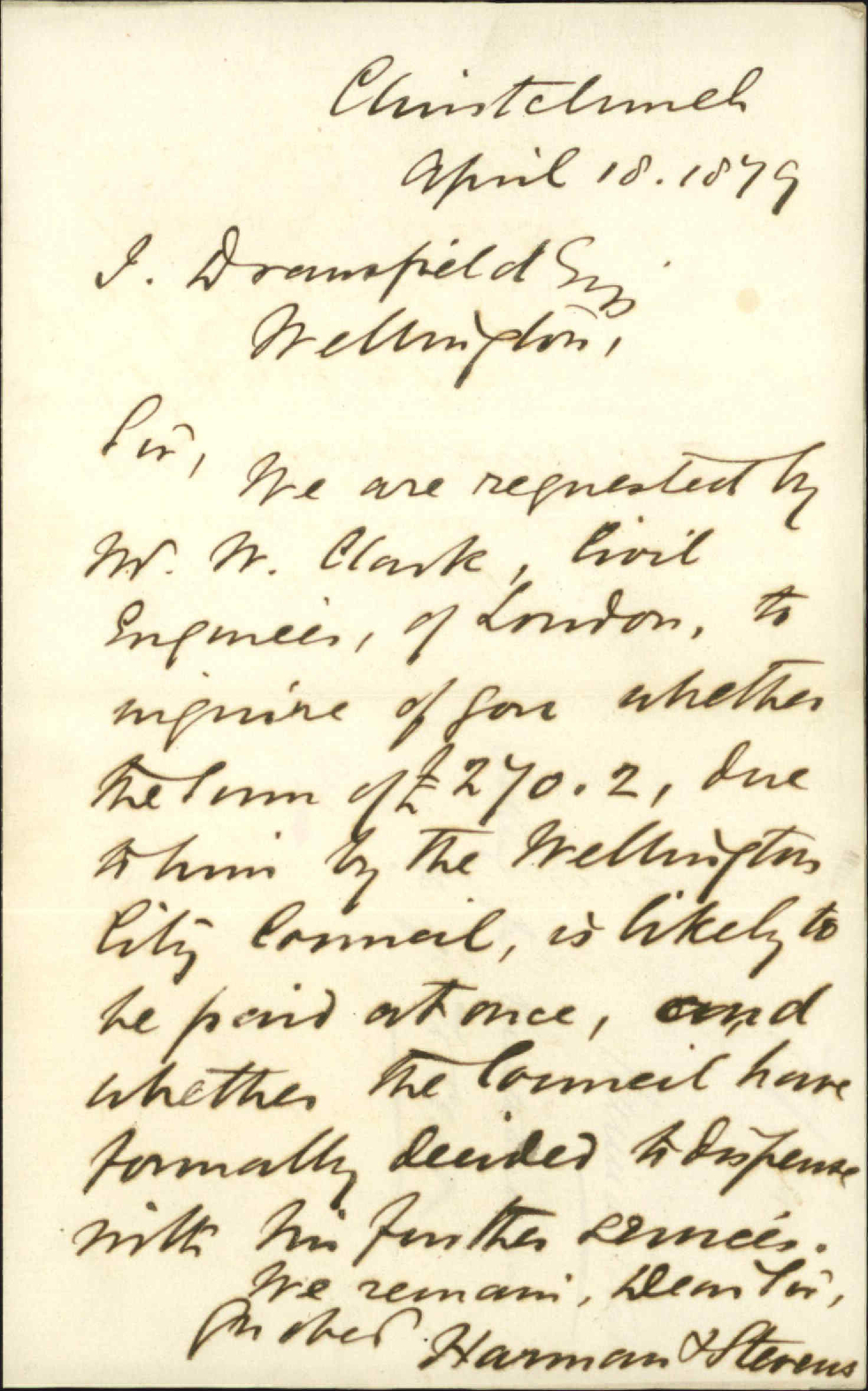 Re the &pound;270.2 bill charged by Mr Clark for services - Mr H Steven (see also 1879/1804)