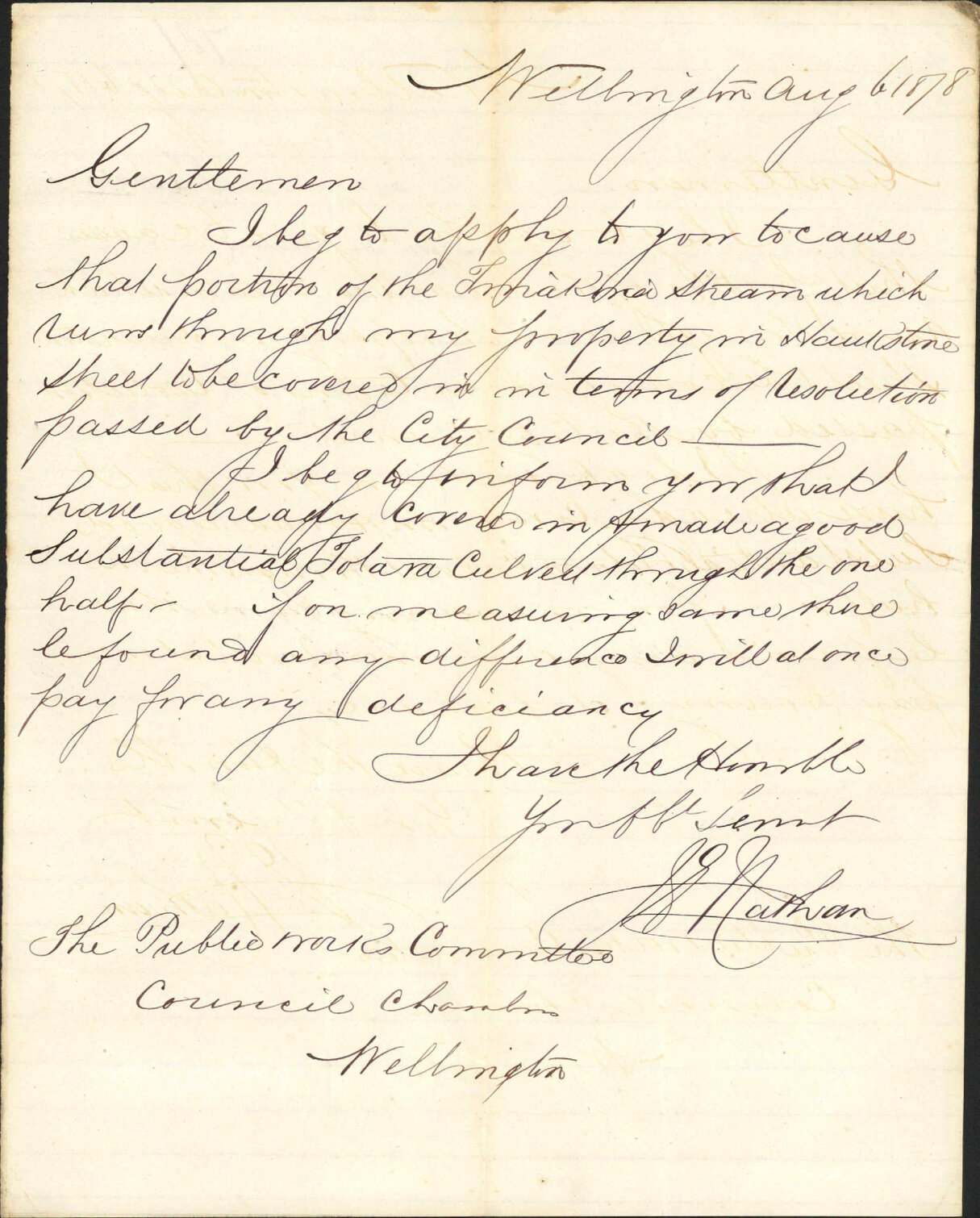Re application to cover in portion of Tinakori Stream running through his property, Hawkstone Street - J S Nathan