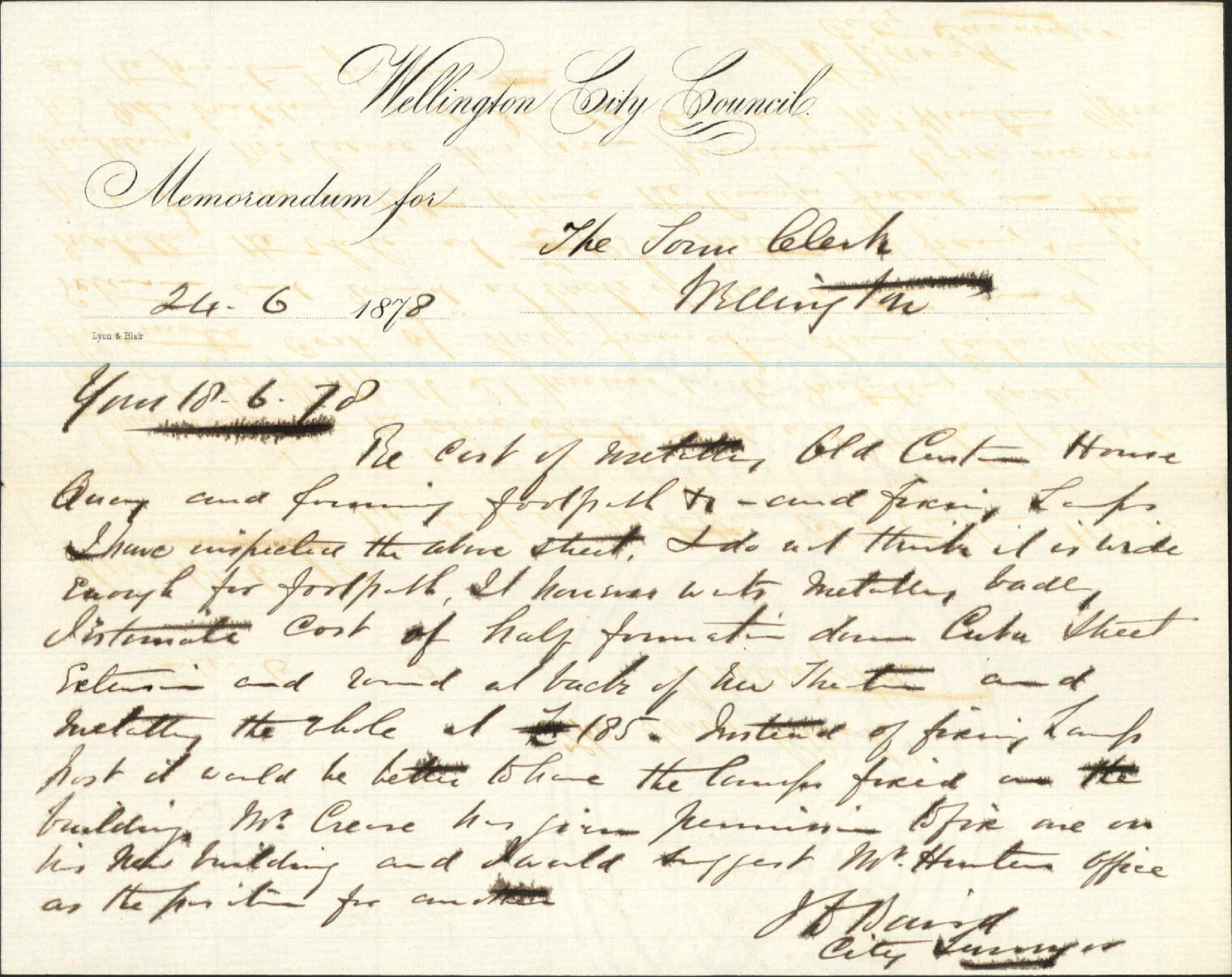 Memo to Town Clerk re cost of metalling Old Customhouse Quay and forming footpath - City Surveyor