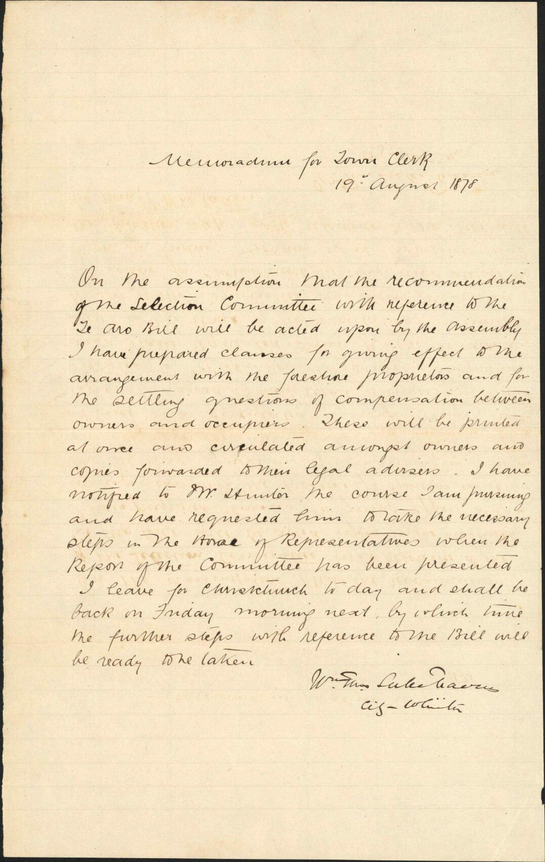 Re memo to Town Clerk re Te Aro Reclamation Bill - City Solicitor