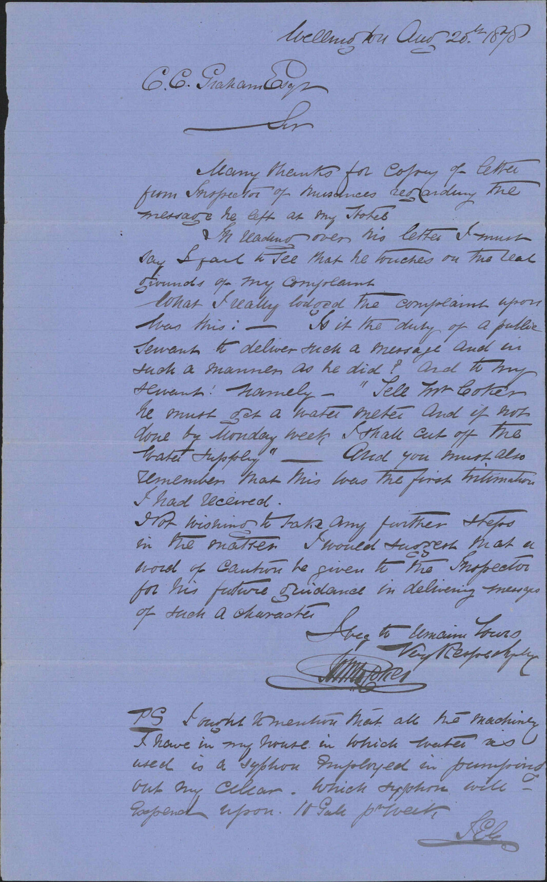 Complaint against Inspector of Nuisances - Mr Corker