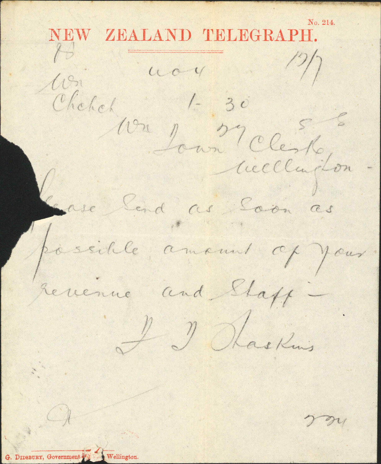 Re asking for information re revenue and staff - Town Clerk, Christchurch
