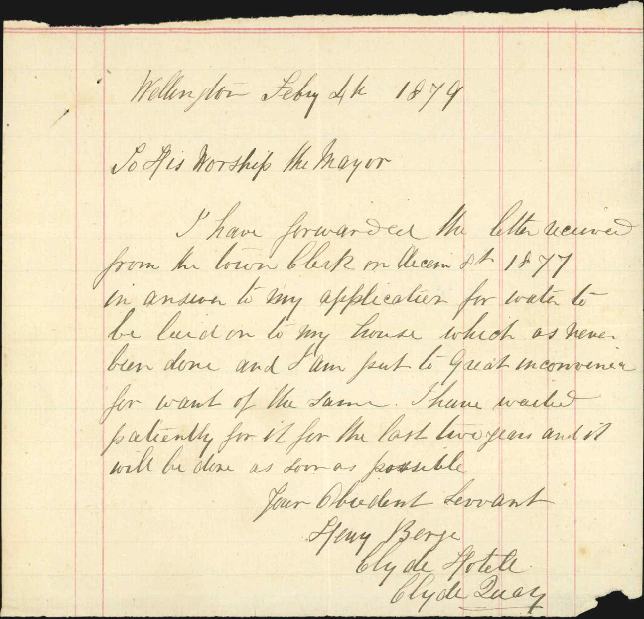 Application for water connection - Mr H Berg, Clyde Hotel, Clyde Quay