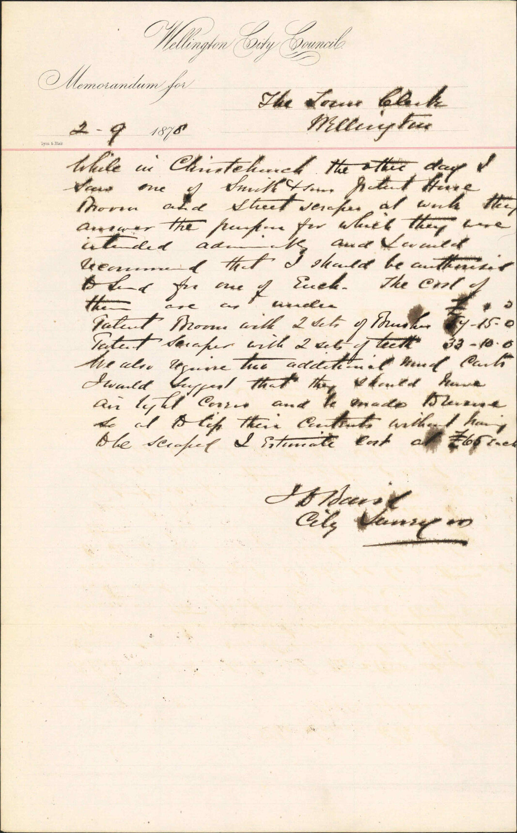 Re memo to Town Clerk re Smith and Sons brushers/scrapers - J J Baird (City Surveyor)
