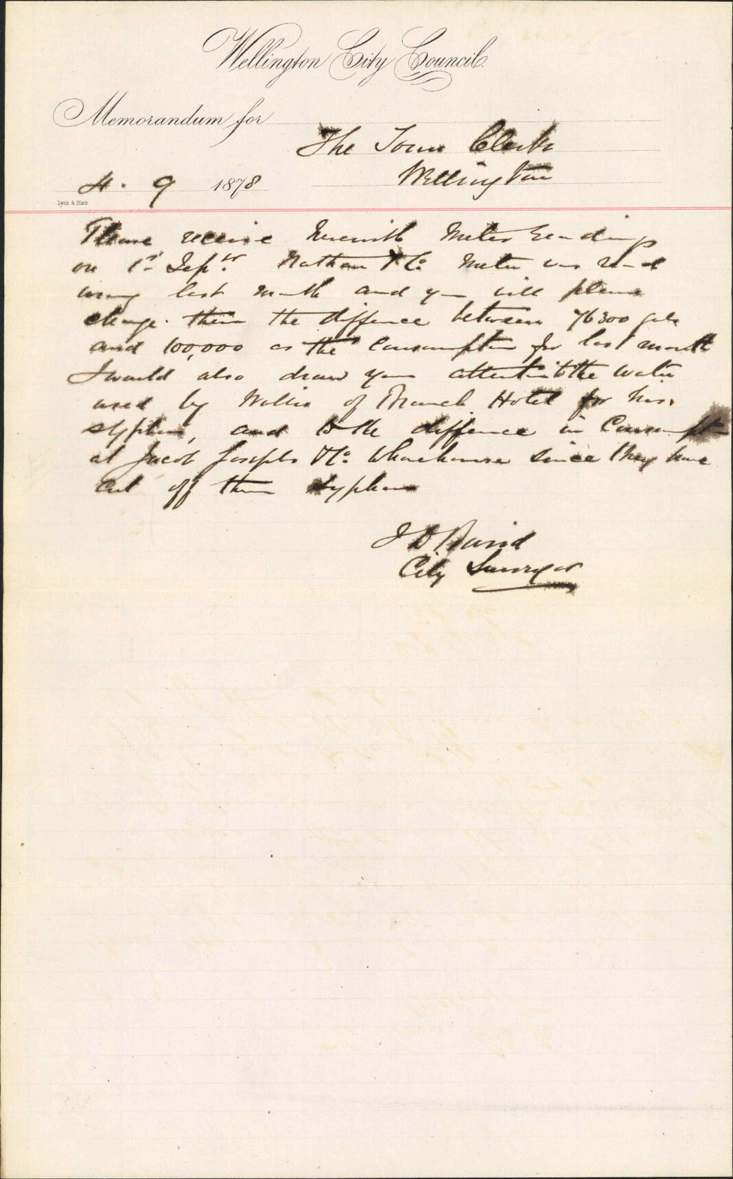 Re memo to Town Clerk re water meter readings, Nathan and Co - J J Baird (City Surveyor)