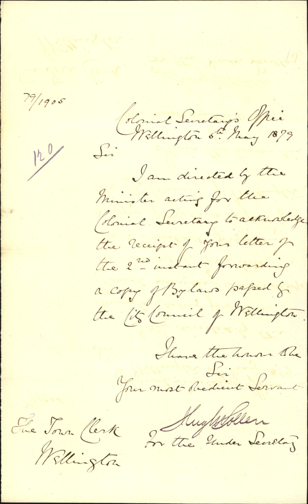 Re acknowledgment of receipt of letter re copy of bylaws - Colonial Secretary's Office