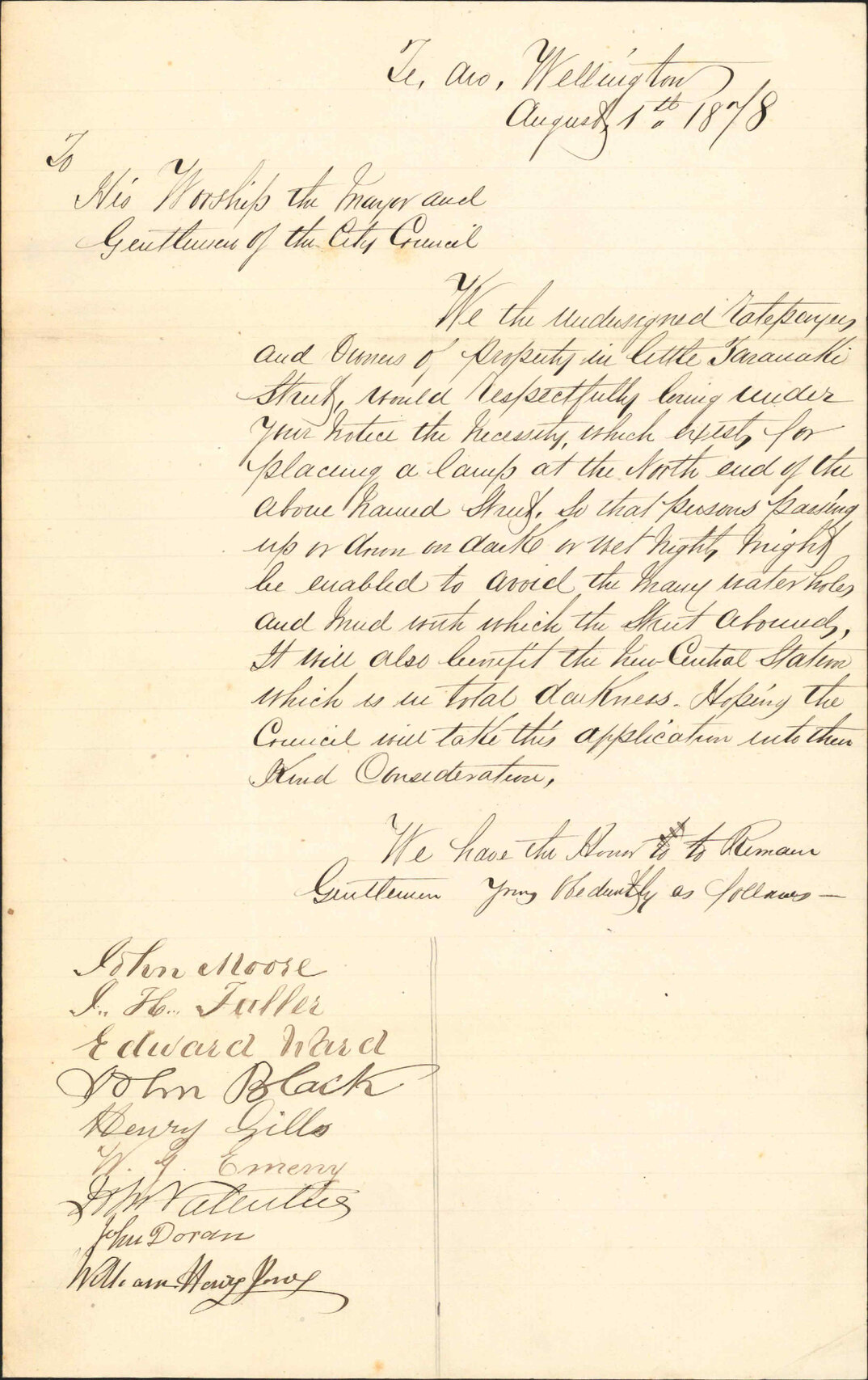 Re petition for lamp at north end of said street - ratepayers, Little Taranaki Street