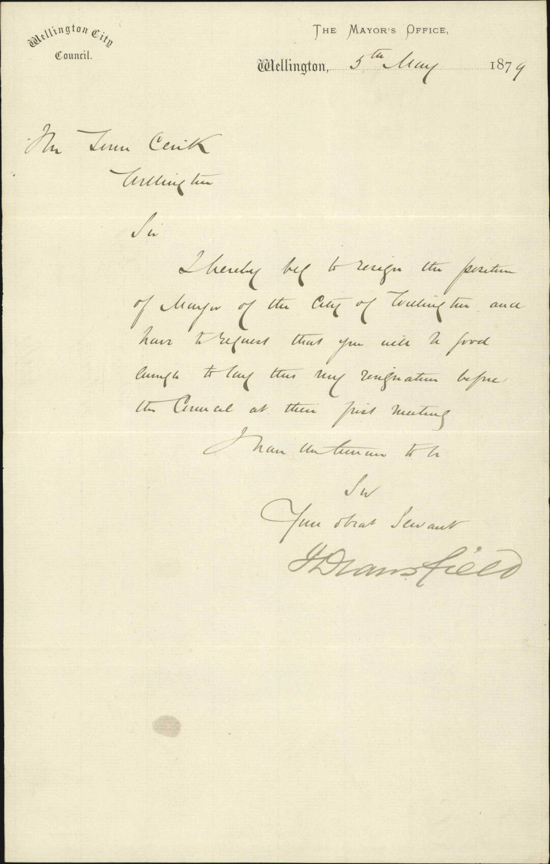 Letter of resignation - Mayor Dransfield