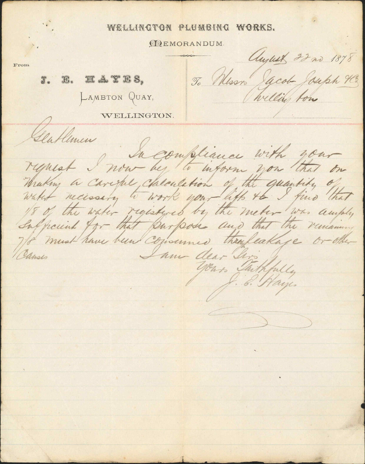 (1) Re water meter fault, 22 August - J E Hayes letter to Jacob Joseph and Co (2) application for remission of water account, 22 August - Jacob Joseph and Co