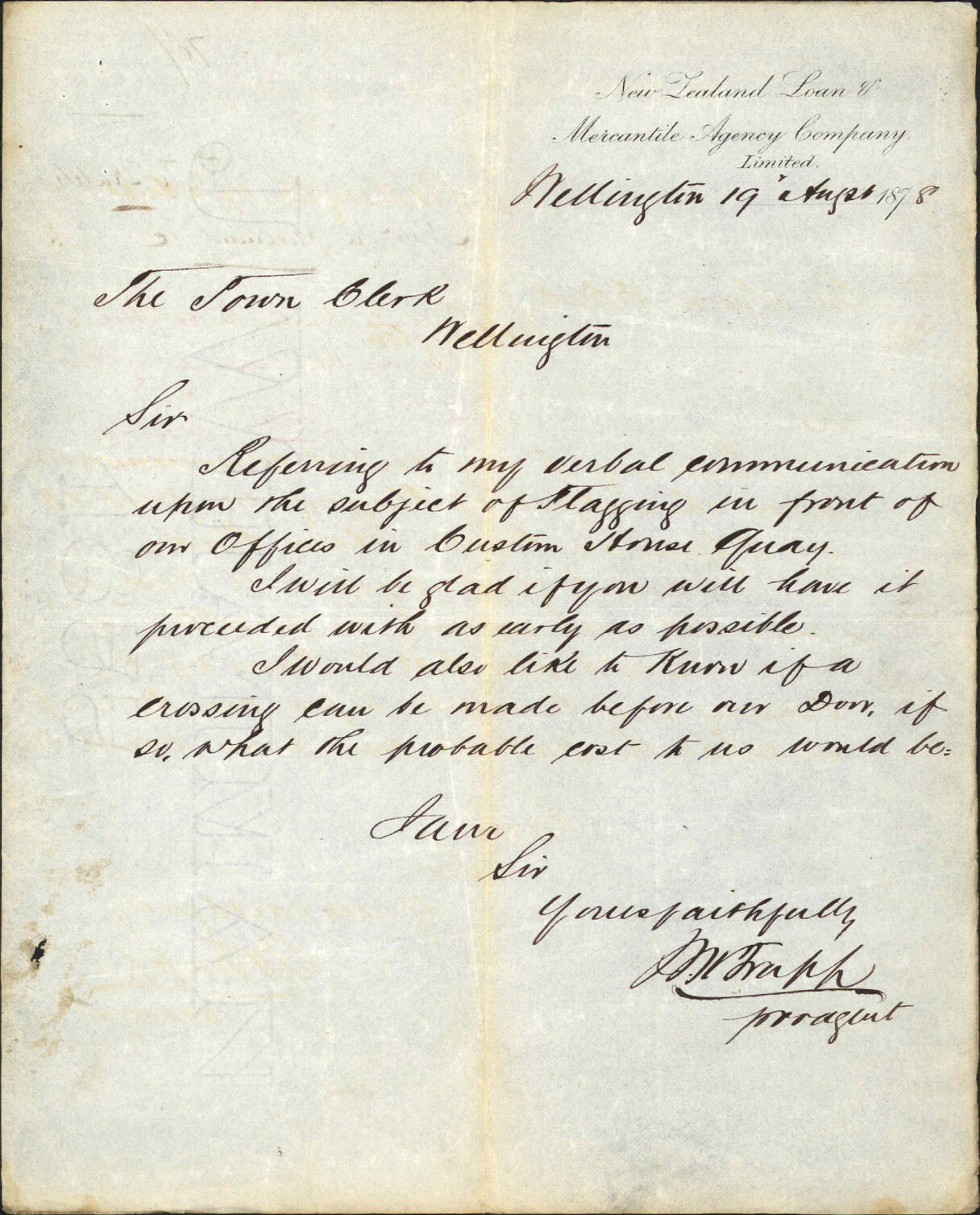 Re flagging in front of offices, Customhouse Quay - W W Trapp, New Zealand Loan and Mercantile