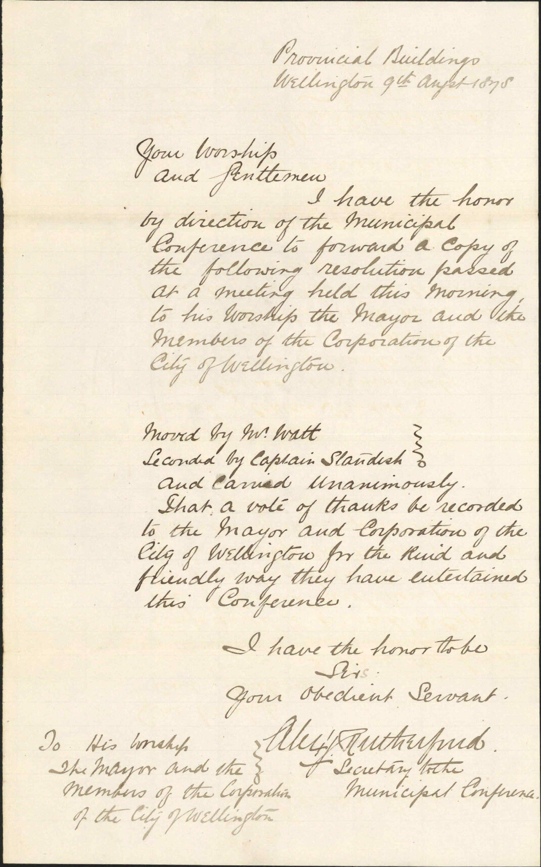 Re forwarding copy of resolution thanking Mayor and Corporation of City of Wellington for services rendered to conference - Secretary to the Municipal Conference