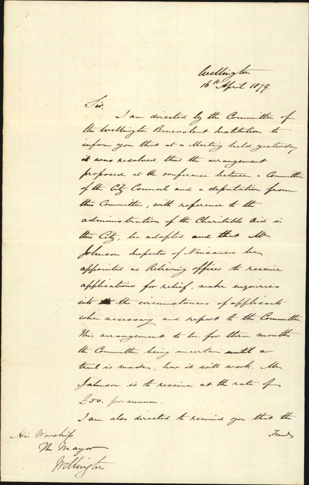 Re letter accepting the proposal to change the administration of charitable aid in Wellington - Secretary of Wellington Benevolent Institution