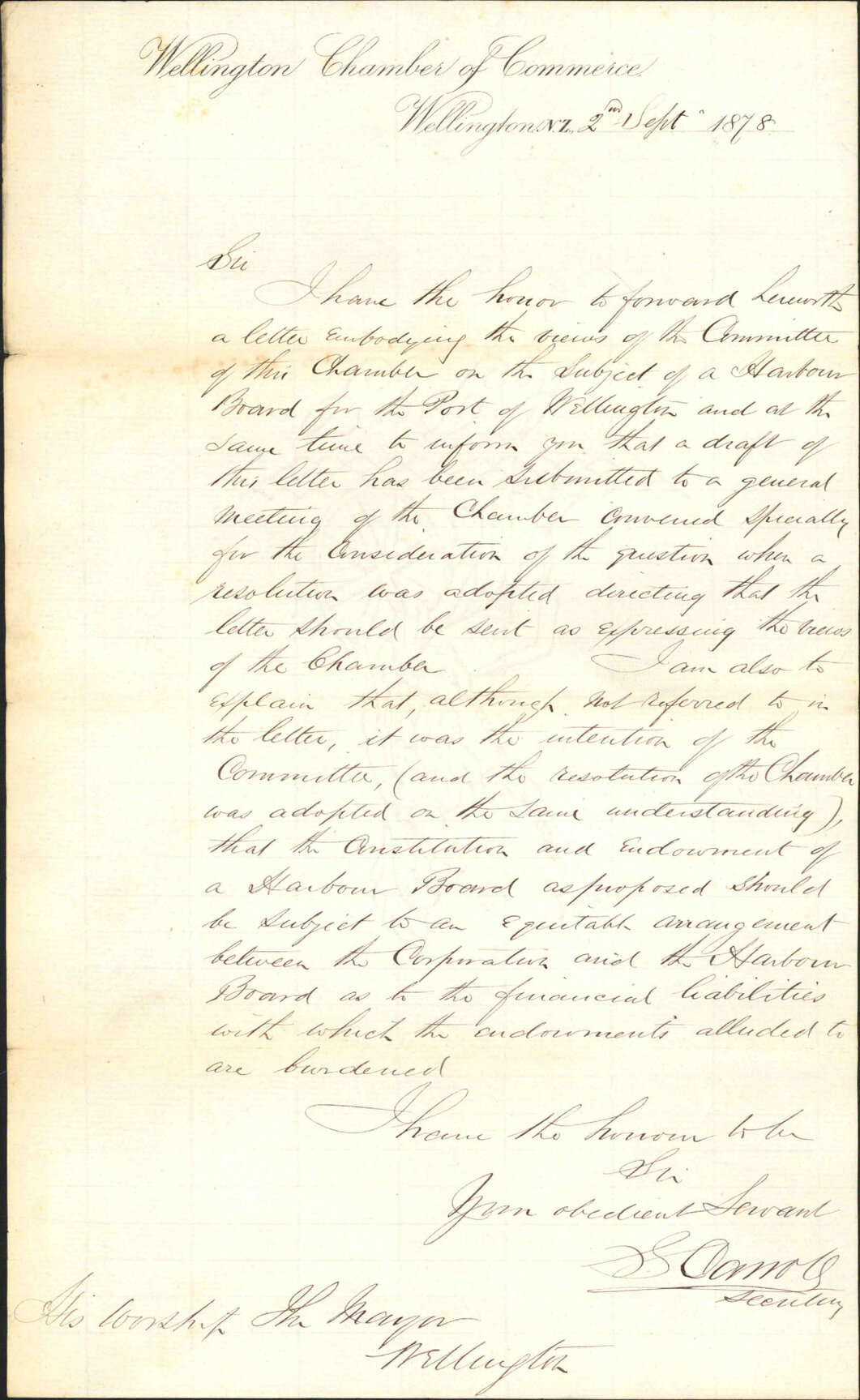 Forwarding letter of views of a harbour board being established for the Port of Wellington - Wellington Chamber of Commerce