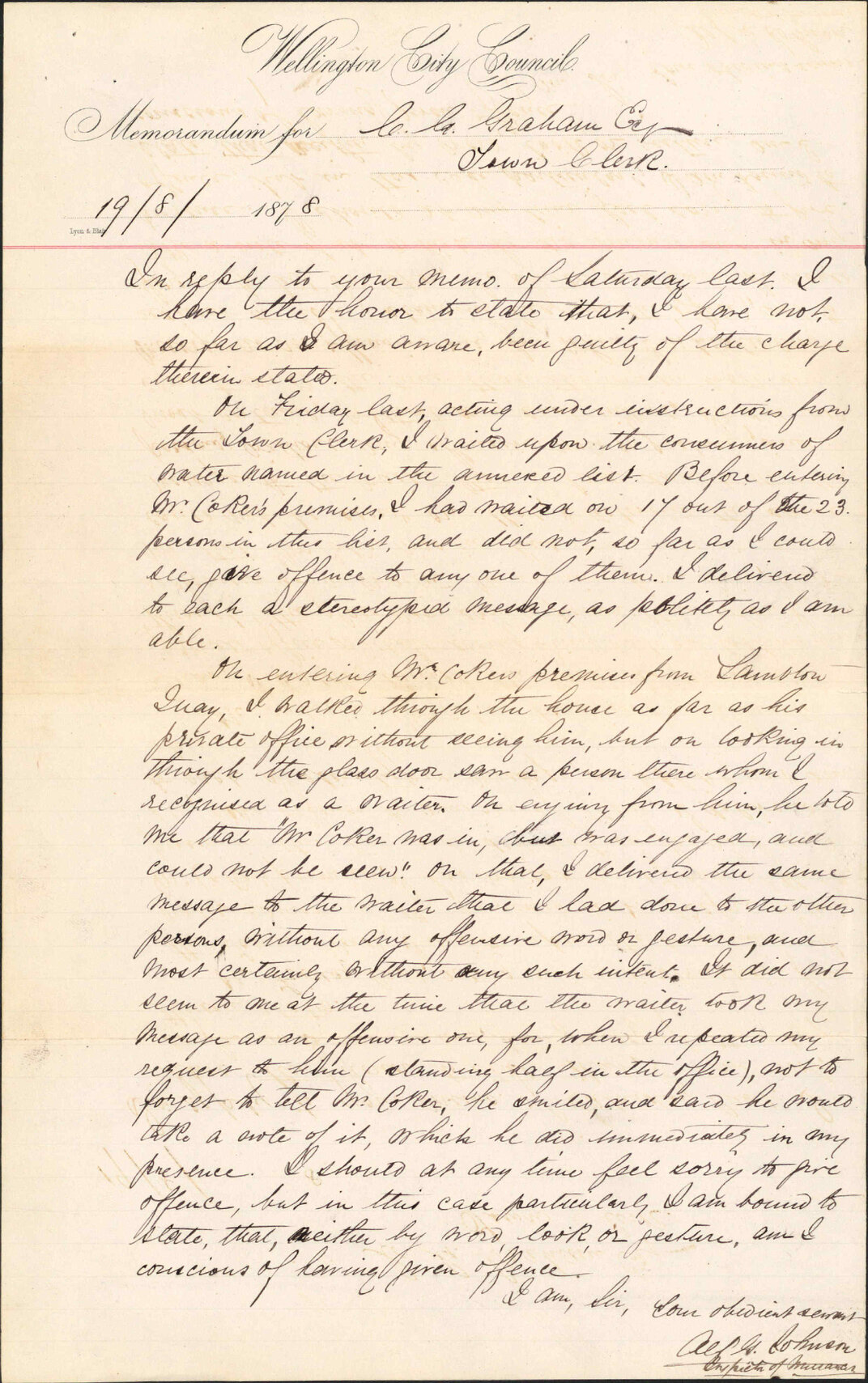 Re memo to Town Clerk re complaint by Mr Corker - Alfred Johnson (Inspector of Nuisances)